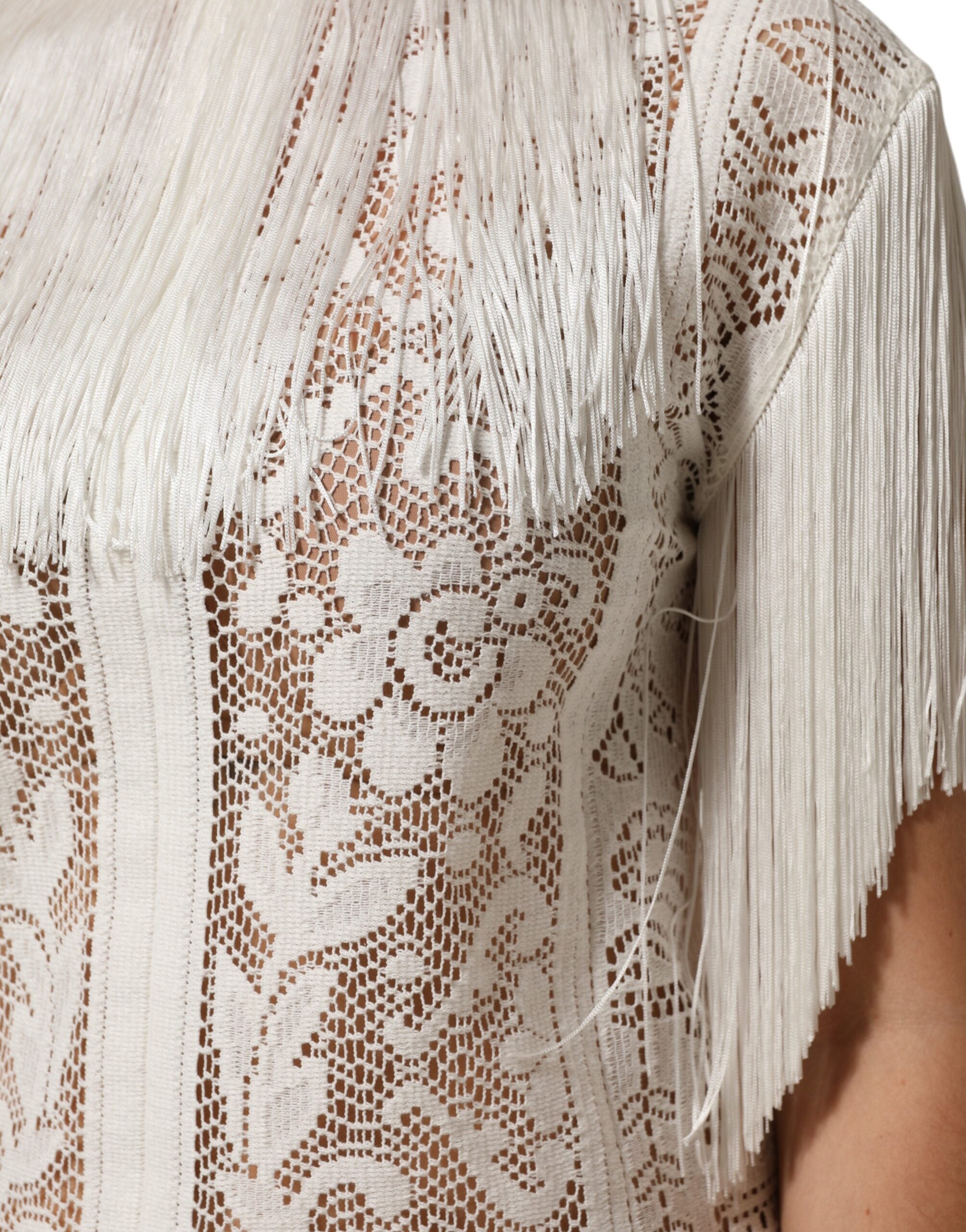 Dolce & Gabbana White Floral Lace Fringe Knee Length Dress Dolce & Gabbana