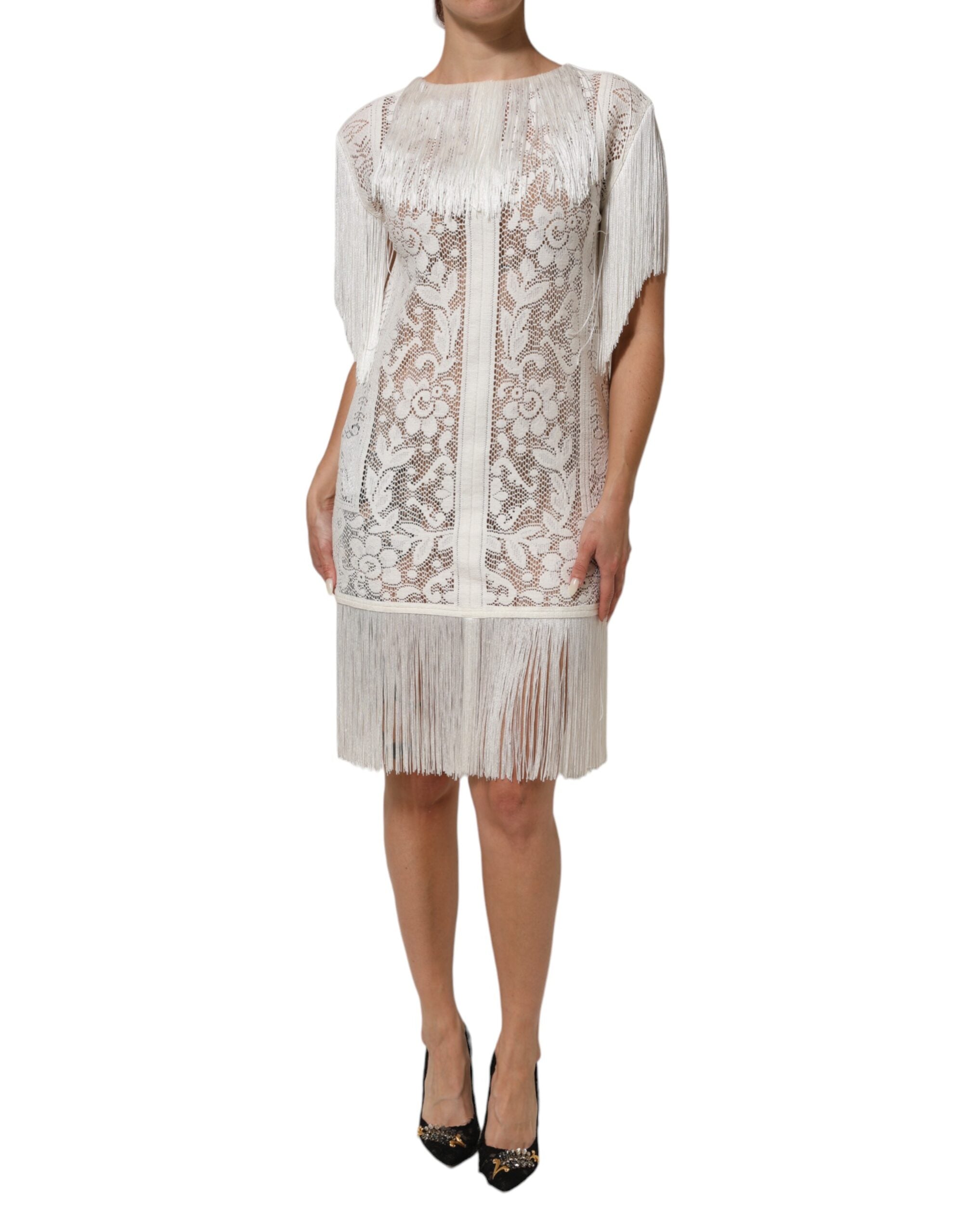 Dolce & Gabbana White Floral Lace Fringe Knee Length Dress Dolce & Gabbana