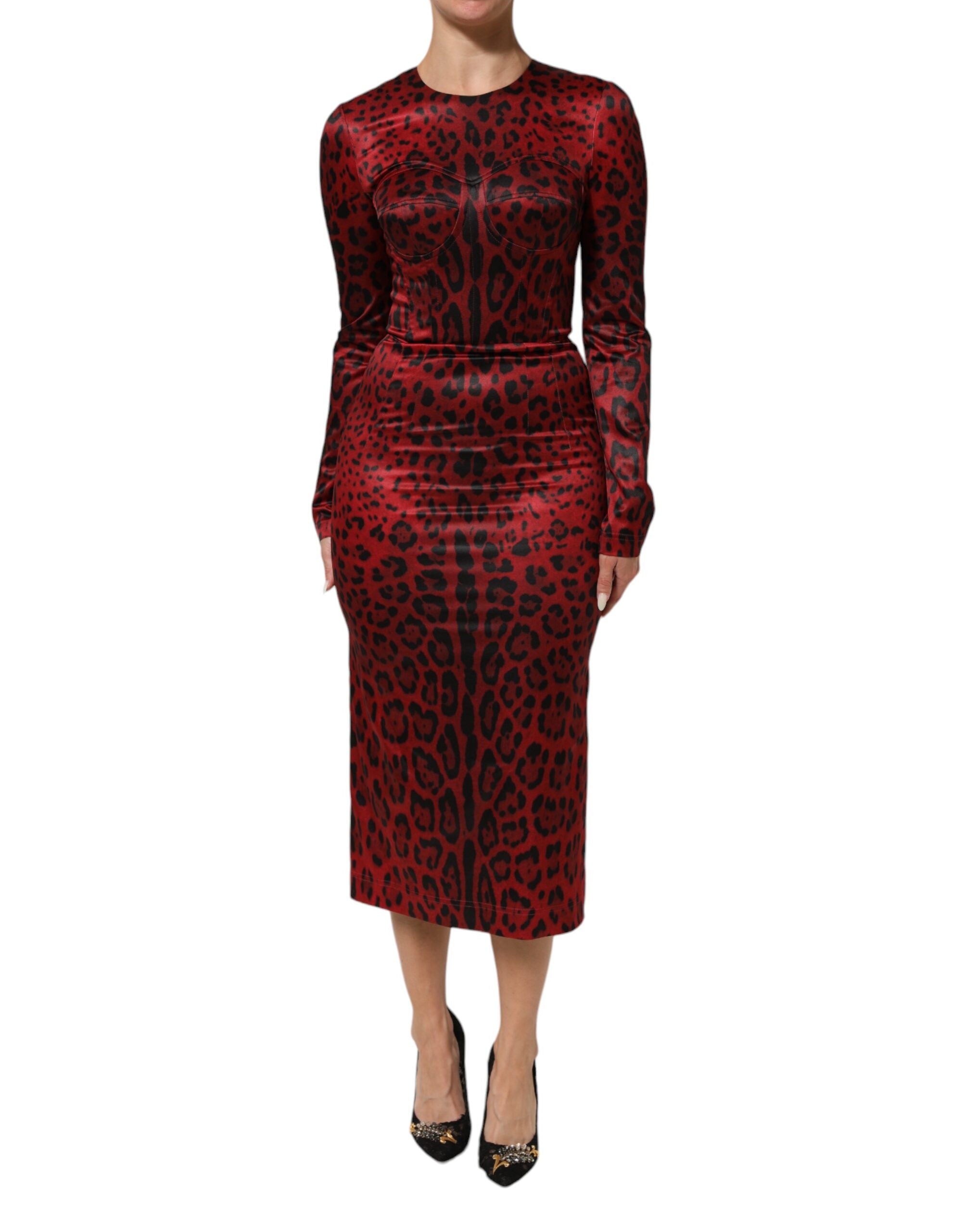 Dolce & Gabbana Red Leopard Sheath Long Sleeves Dress Dolce & Gabbana