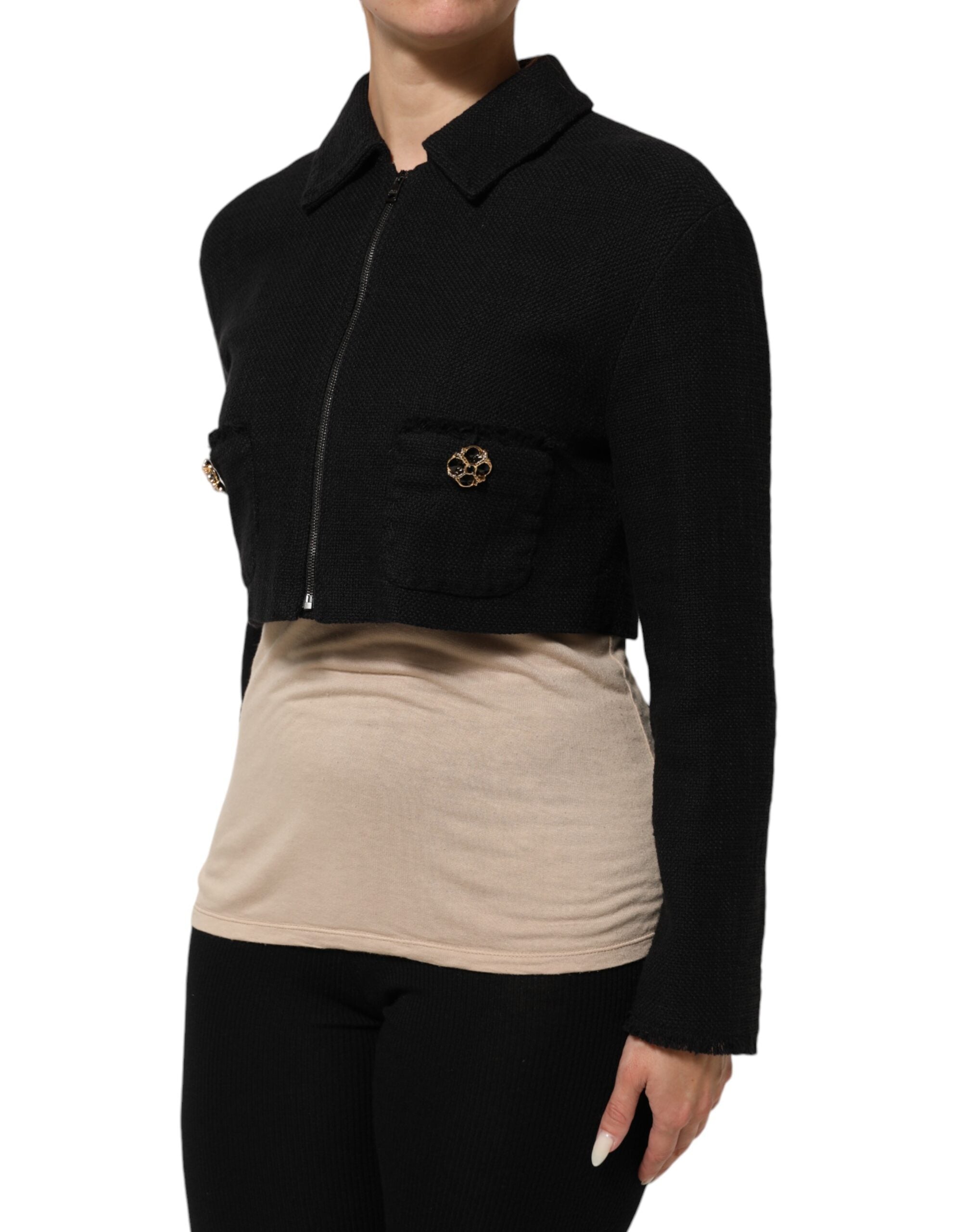 Dolce & Gabbana Black Cotton Full Zip Cropped Coat Jacket Dolce & Gabbana
