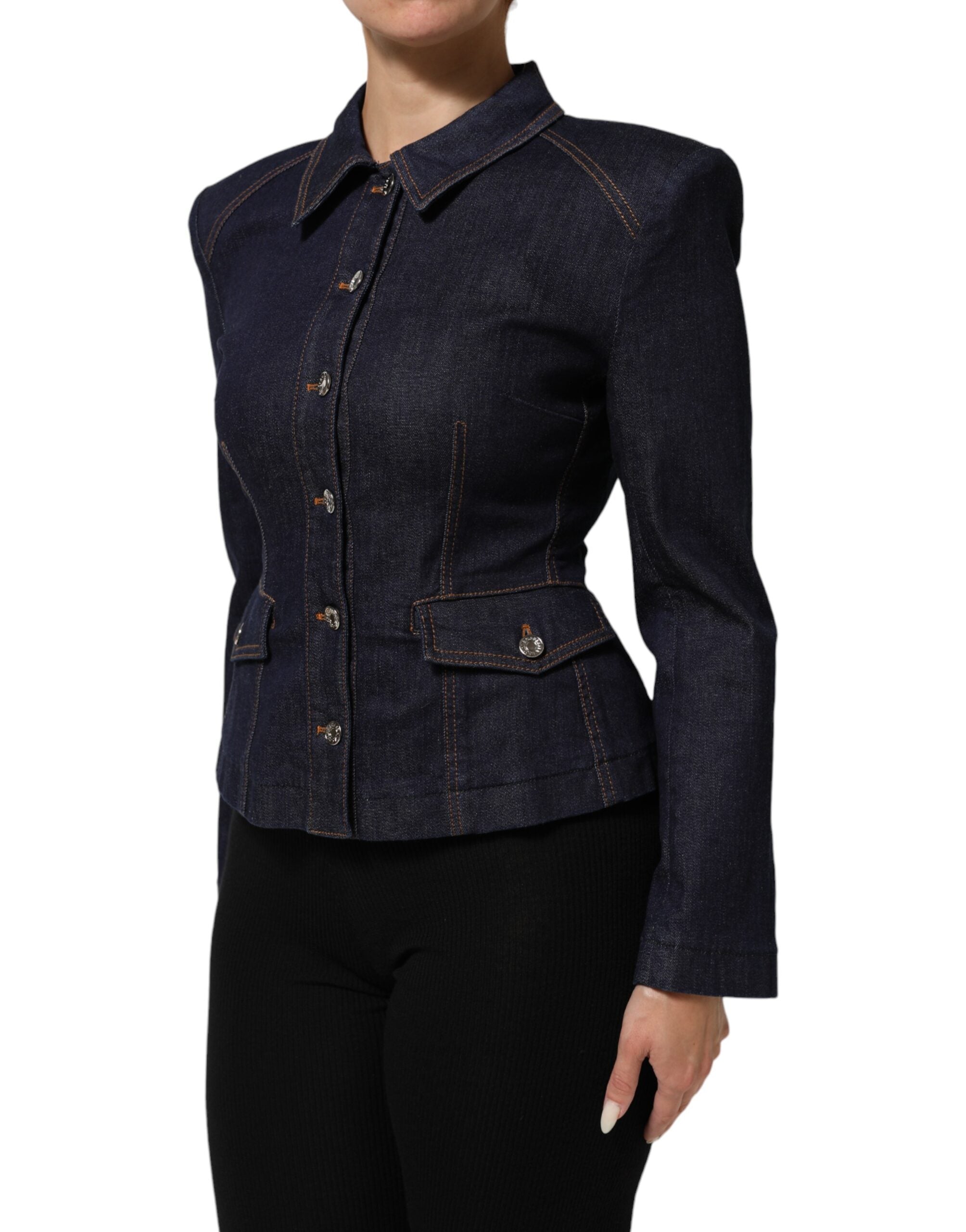 Dolce & Gabbana Dark Blue Cotton Collared Denim Coat Jacket Dolce & Gabbana