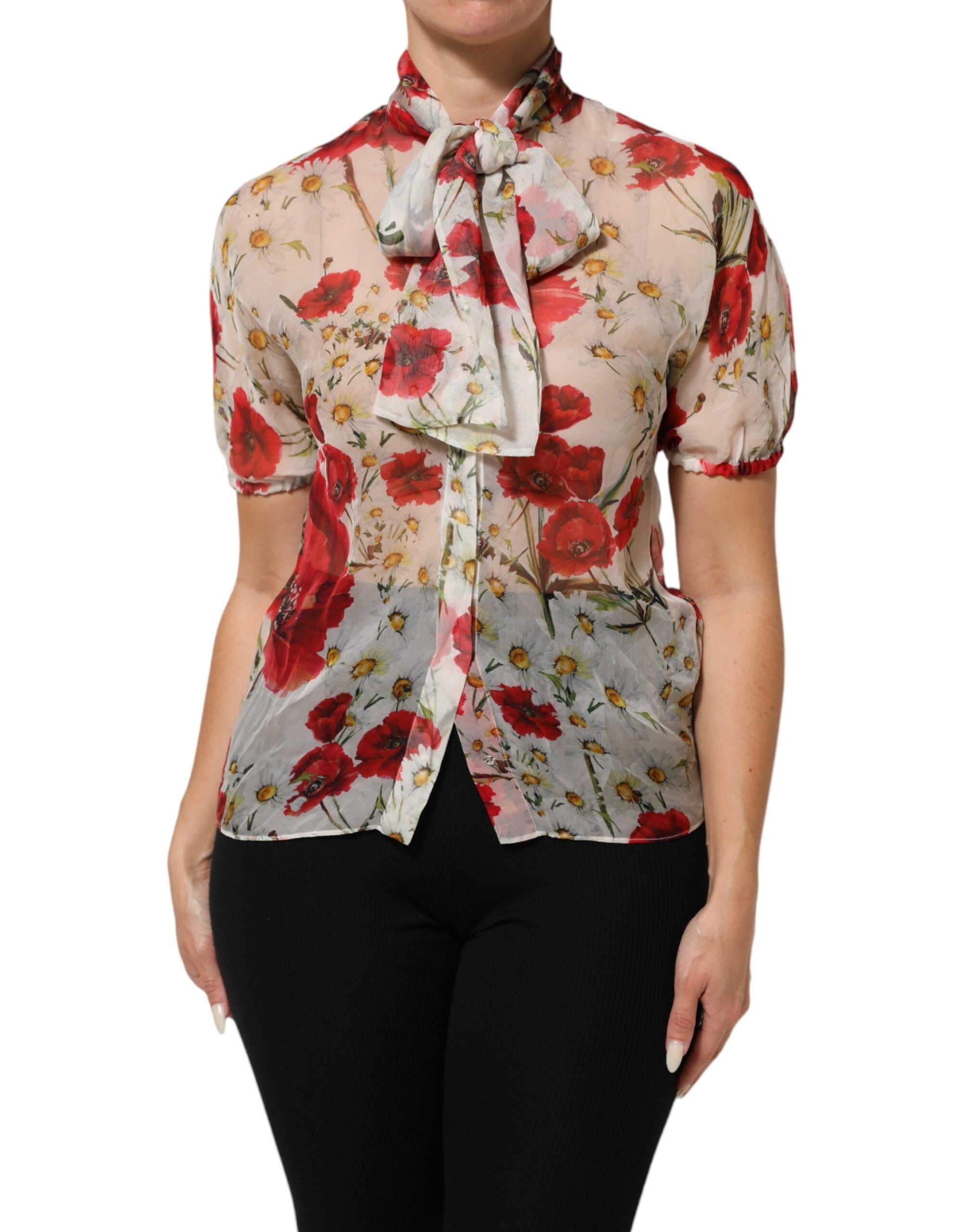 Dolce & Gabbana White Floral Tie-Neck Poppy Print Blouse Top Dolce & Gabbana