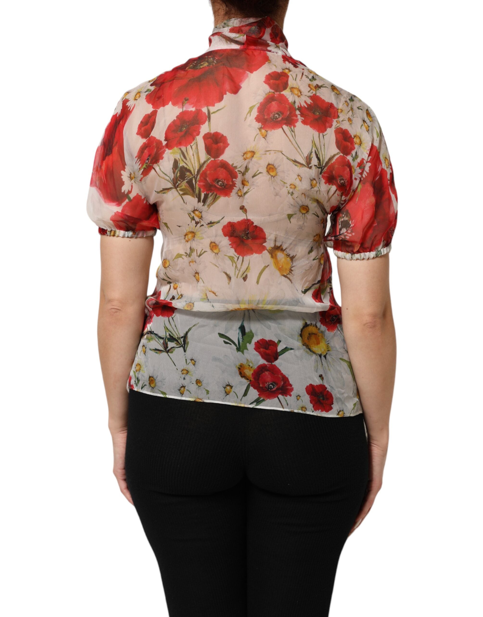 Dolce & Gabbana White Floral Tie-Neck Poppy Print Blouse Top Dolce & Gabbana