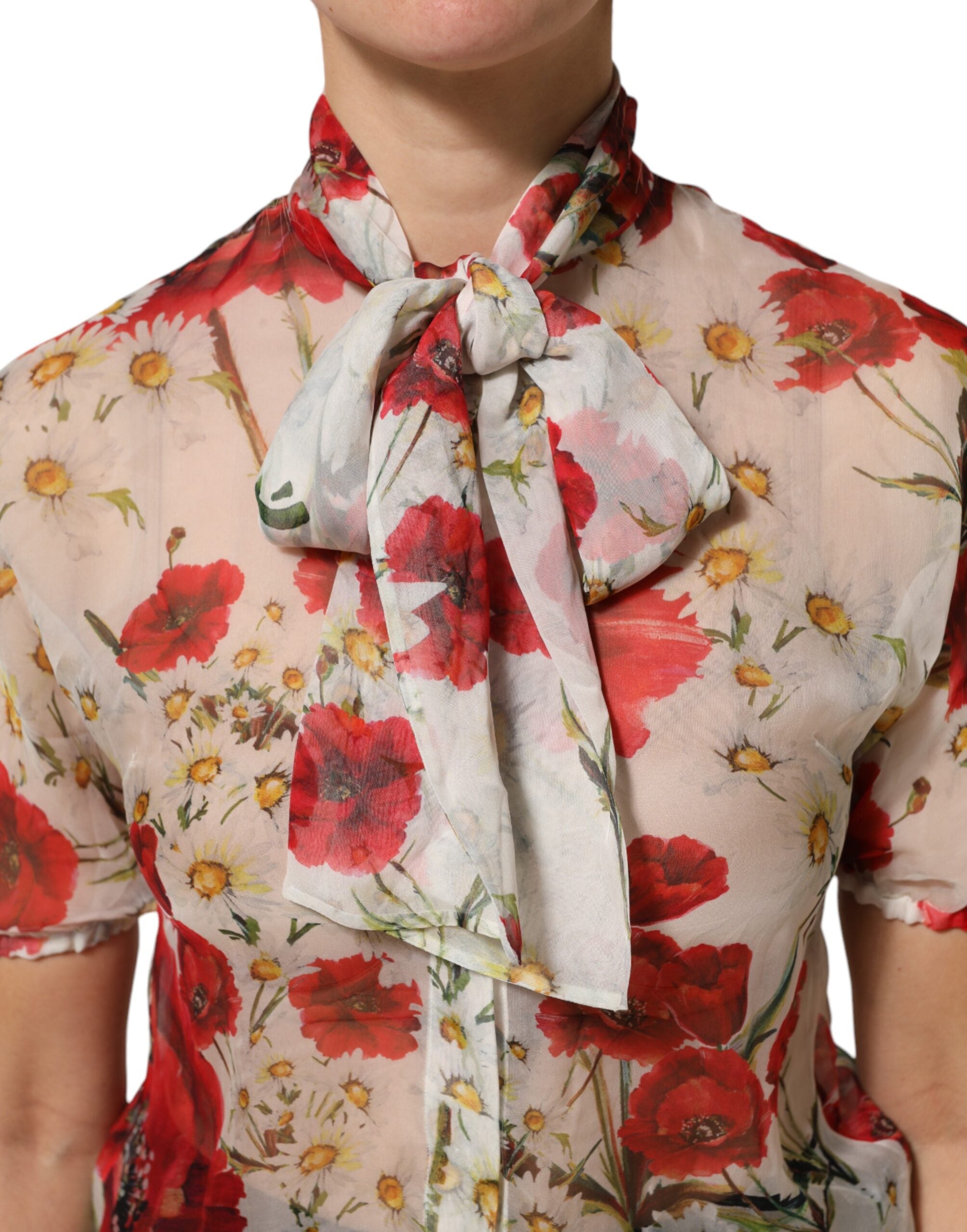 Dolce & Gabbana White Floral Tie-Neck Poppy Print Blouse Top Dolce & Gabbana