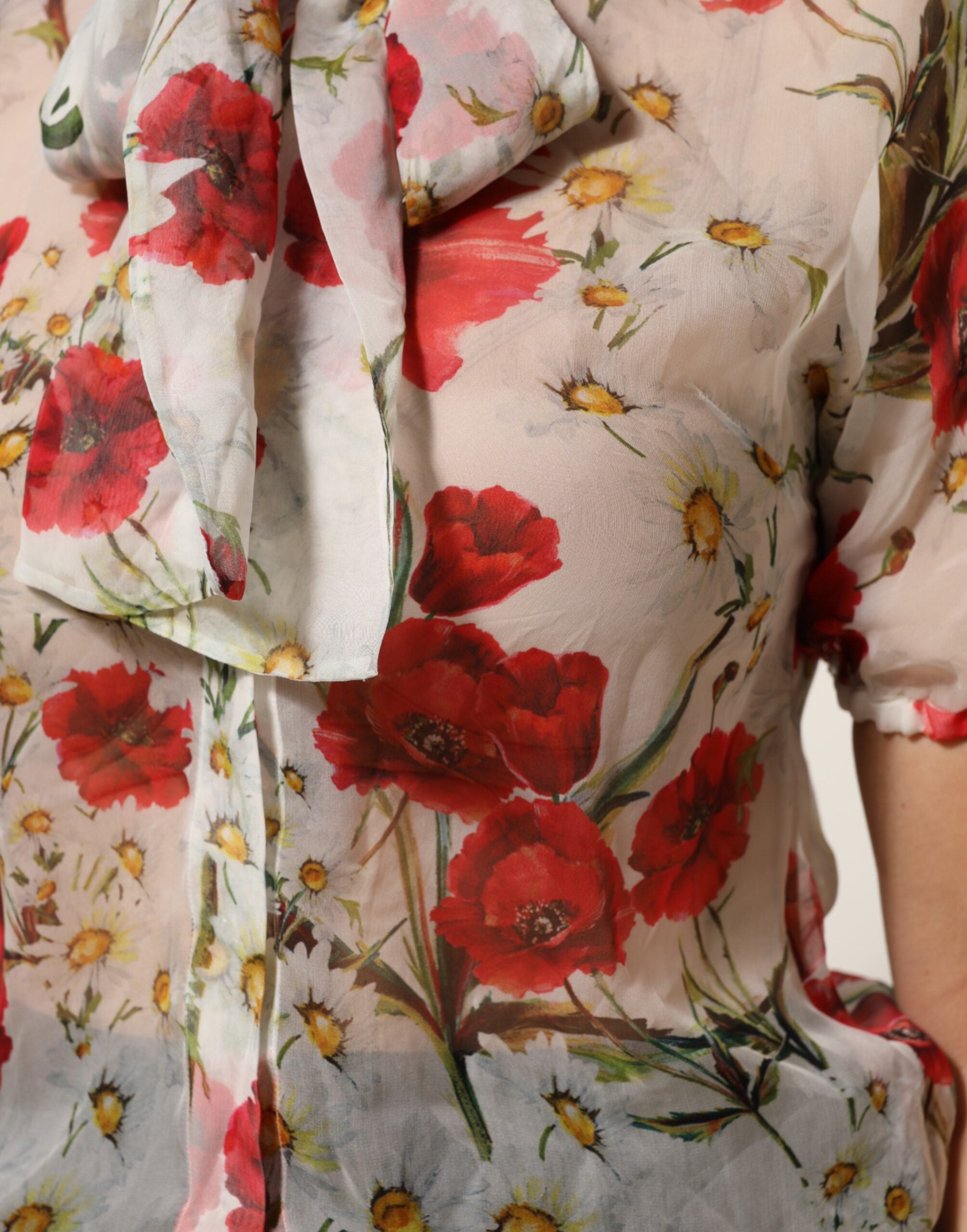 Dolce & Gabbana White Floral Tie-Neck Poppy Print Blouse Top Dolce & Gabbana