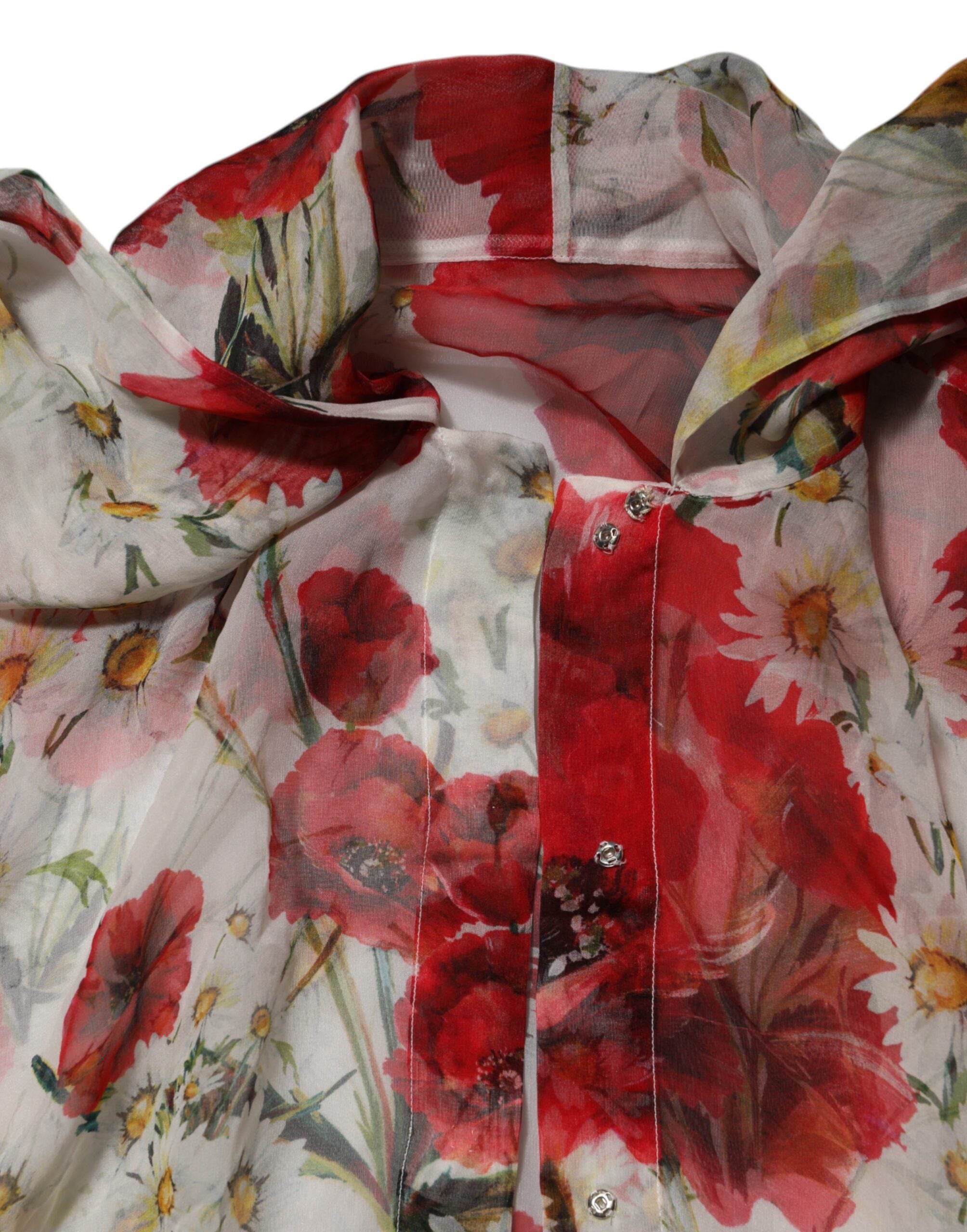 Dolce & Gabbana White Floral Tie-Neck Poppy Print Blouse Top Dolce & Gabbana