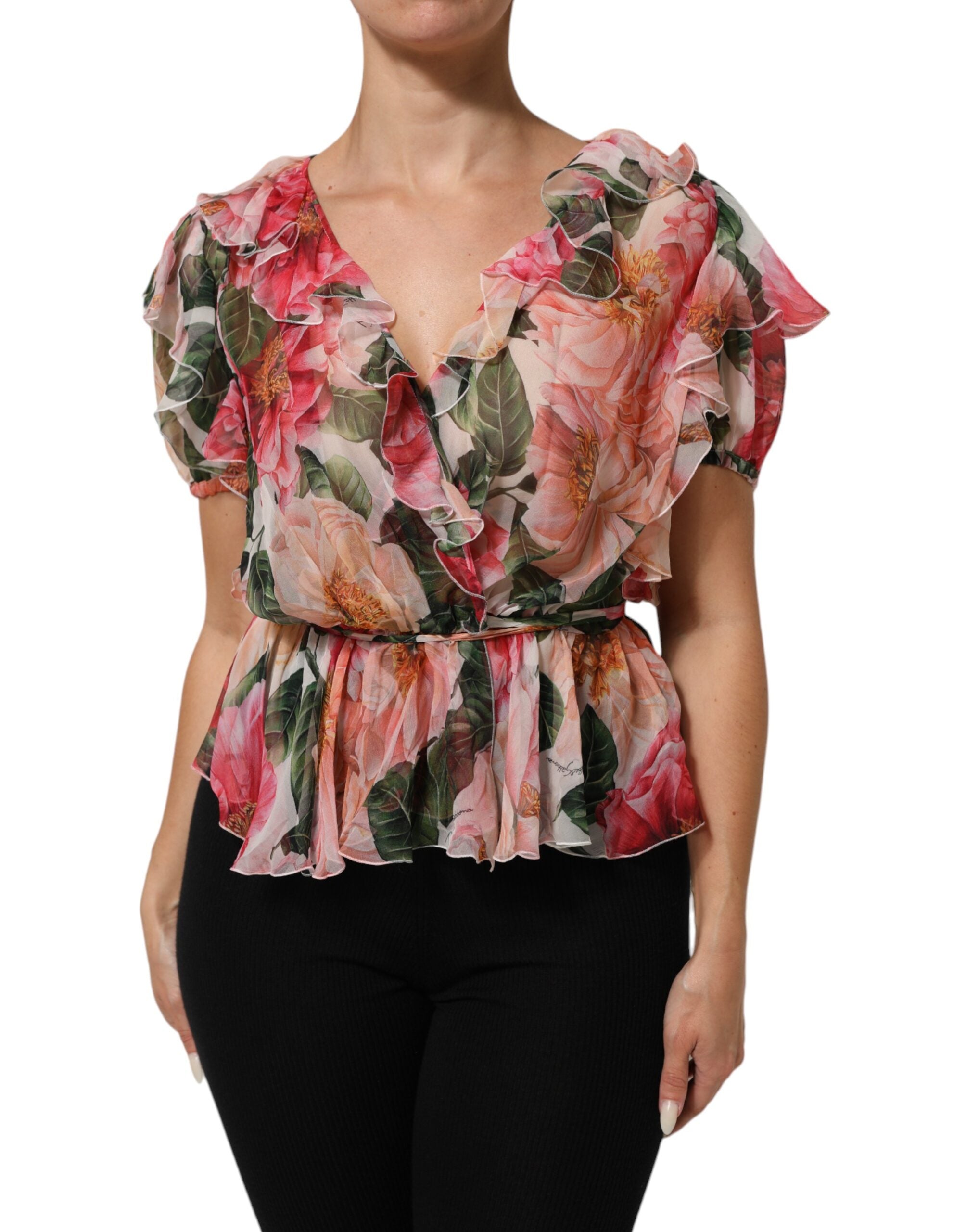 Dolce & Gabbana Pink Camellias Printed Silk V-neck Blouse Top Dolce & Gabbana