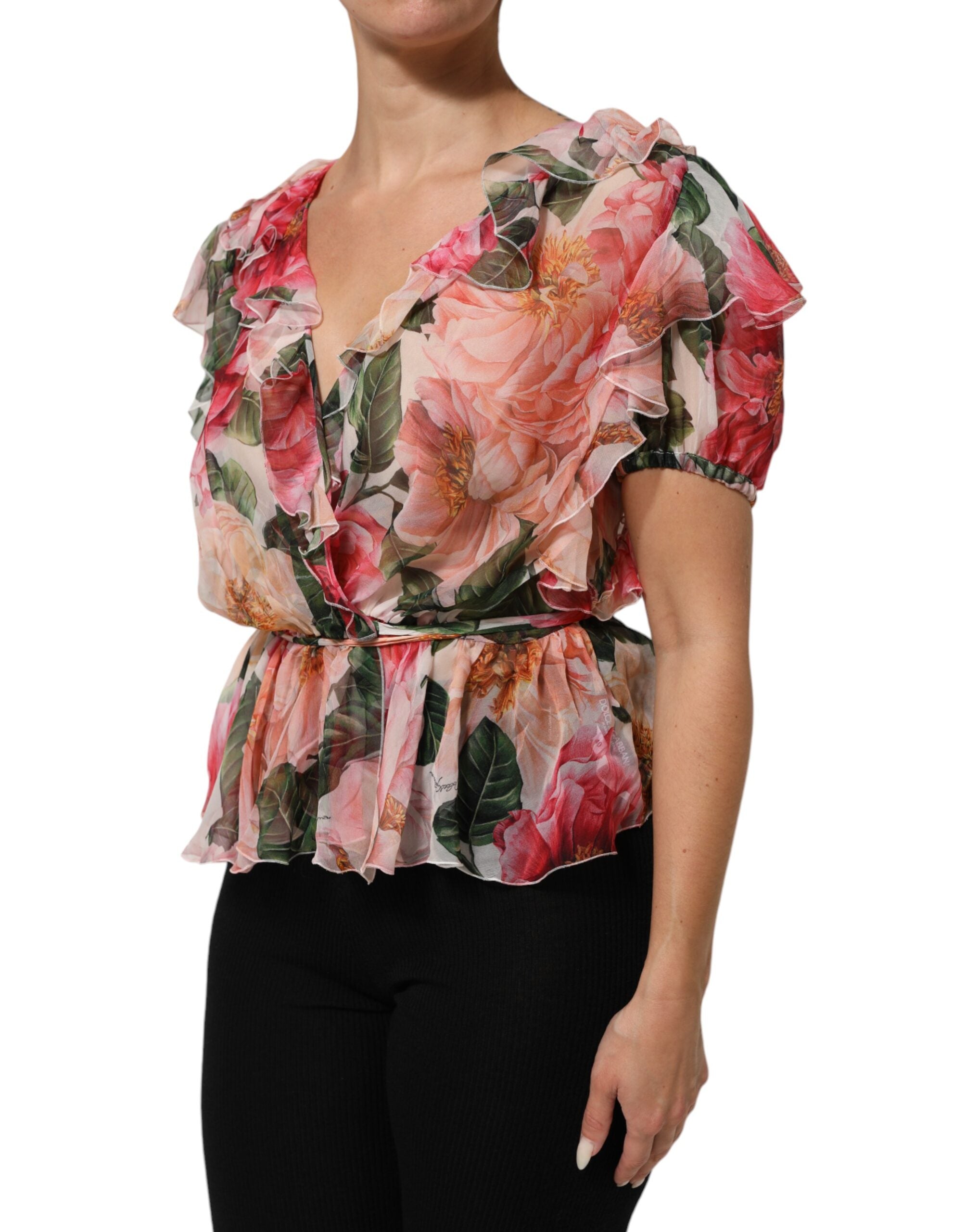 Dolce & Gabbana Pink Camellias Printed Silk V-neck Blouse Top Dolce & Gabbana