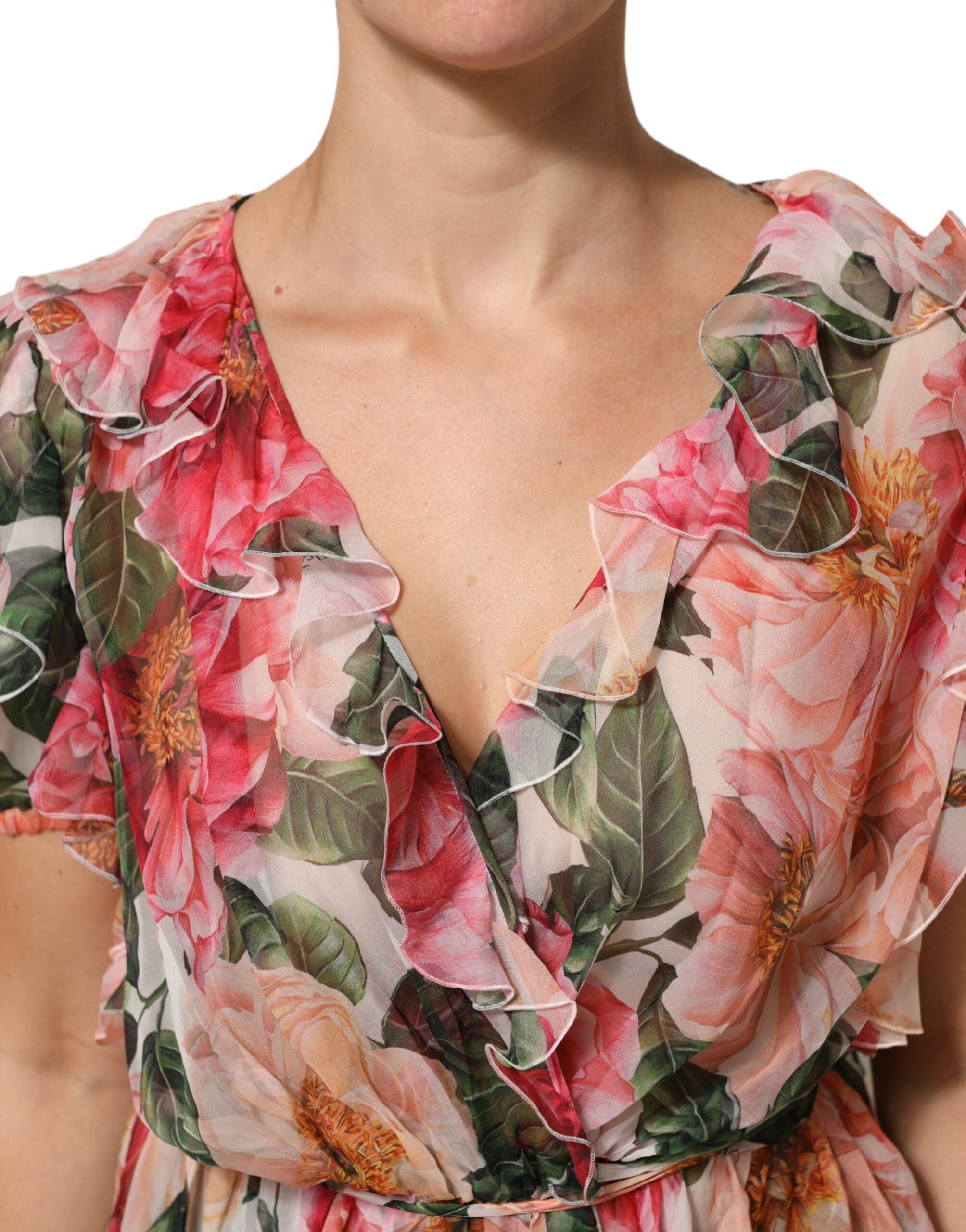 Dolce & Gabbana Pink Camellias Printed Silk V-neck Blouse Top Dolce & Gabbana
