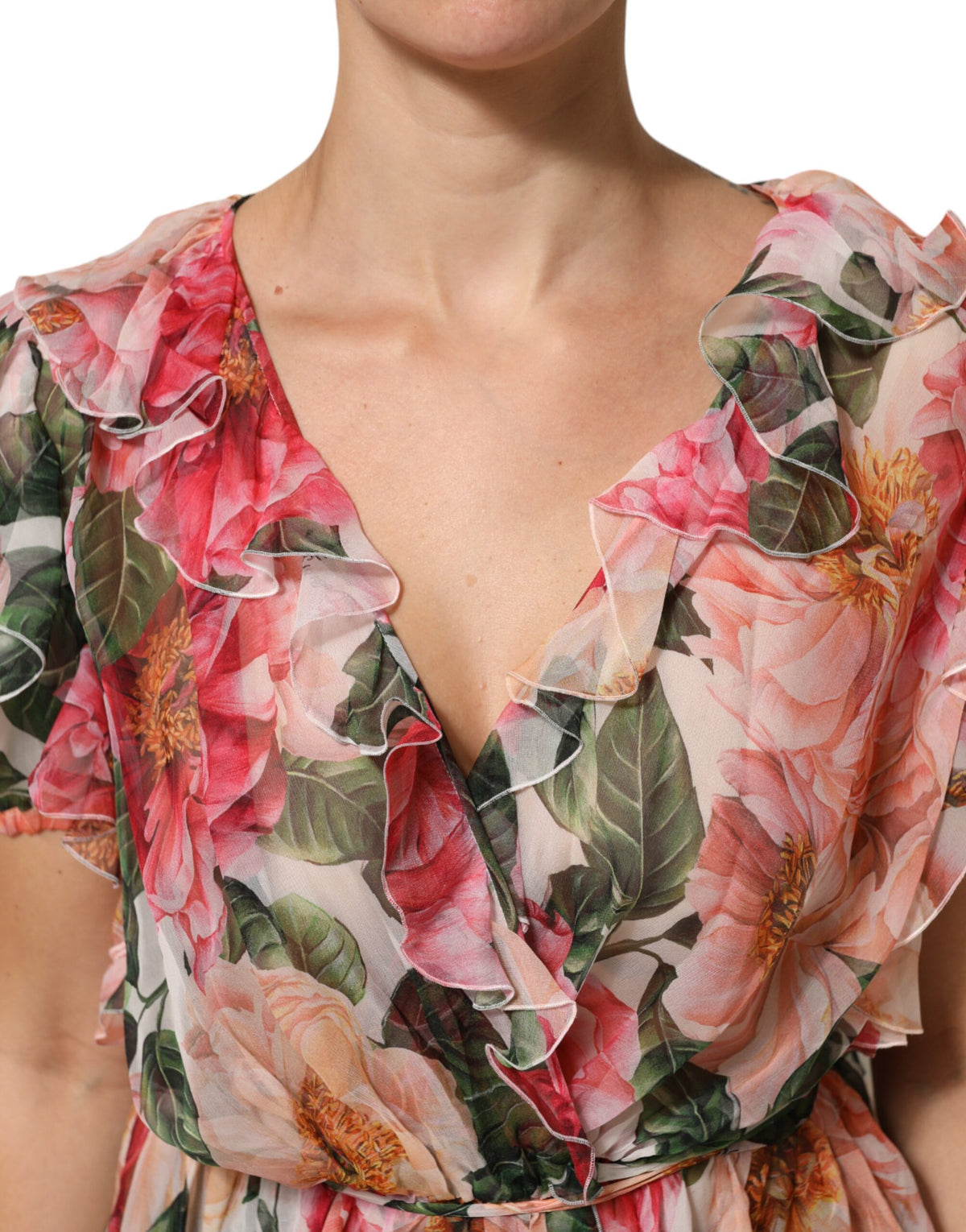 Dolce & Gabbana Pink Camellias Printed Silk V-neck Blouse Top