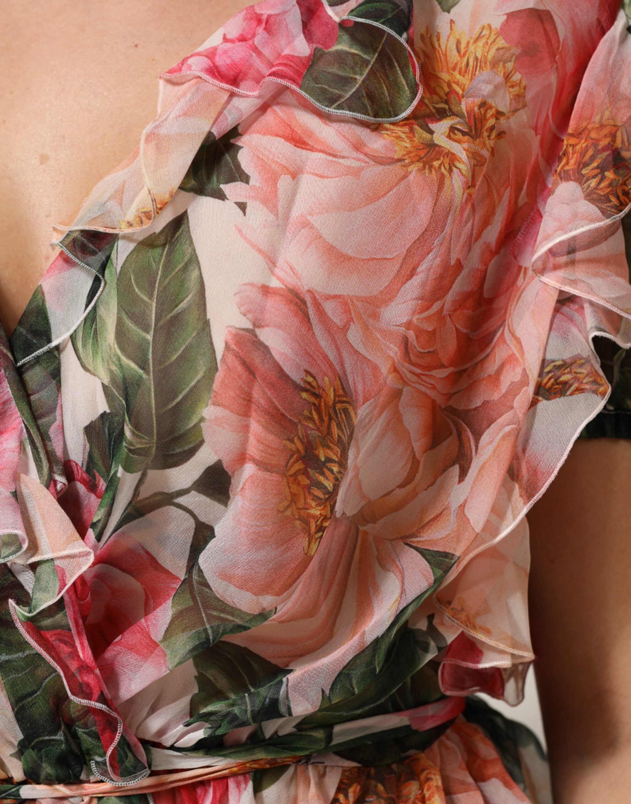 Dolce & Gabbana Pink Camellias Printed Silk V-neck Blouse Top Dolce & Gabbana