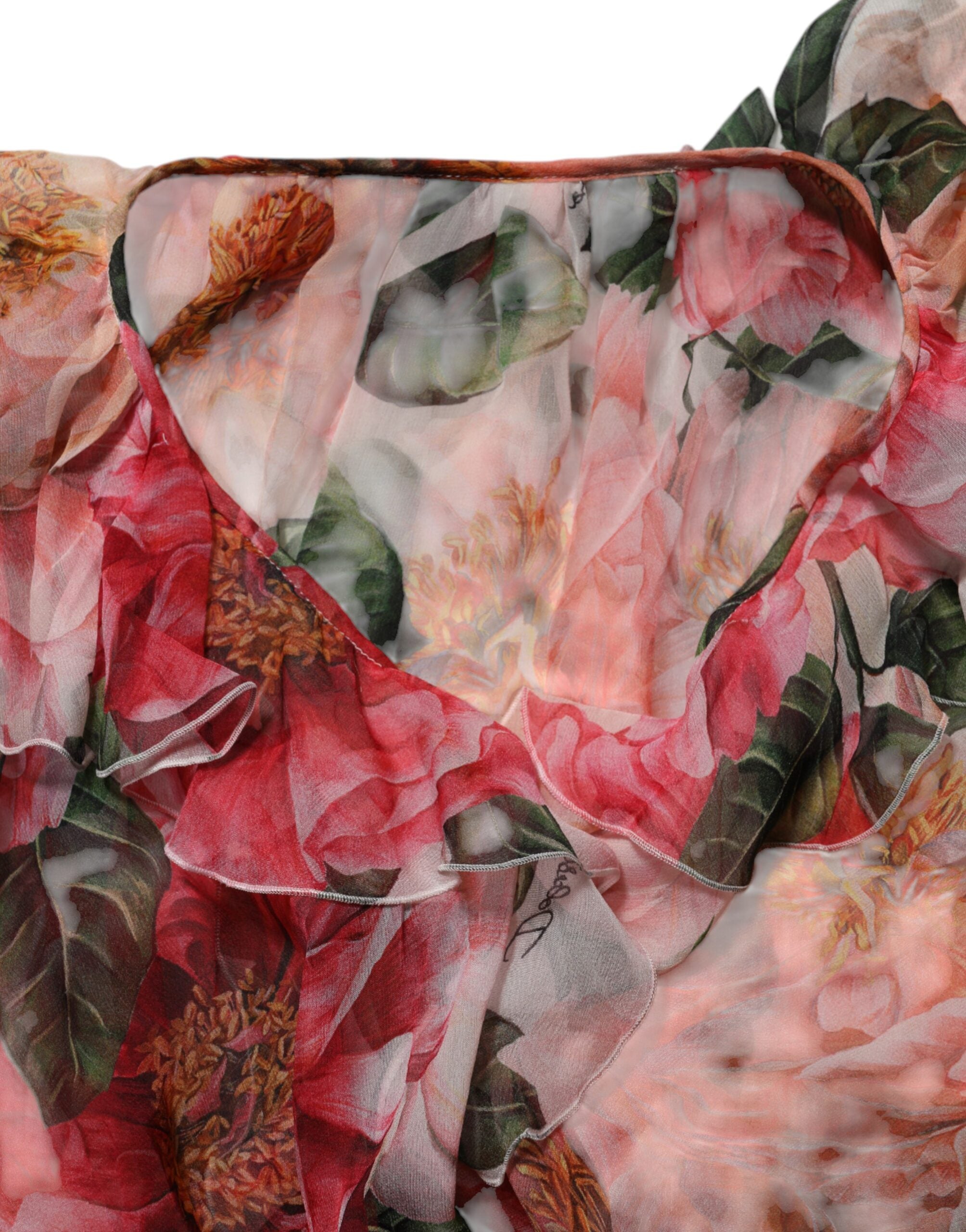 Dolce & Gabbana Pink Camellias Printed Silk V-neck Blouse Top Dolce & Gabbana