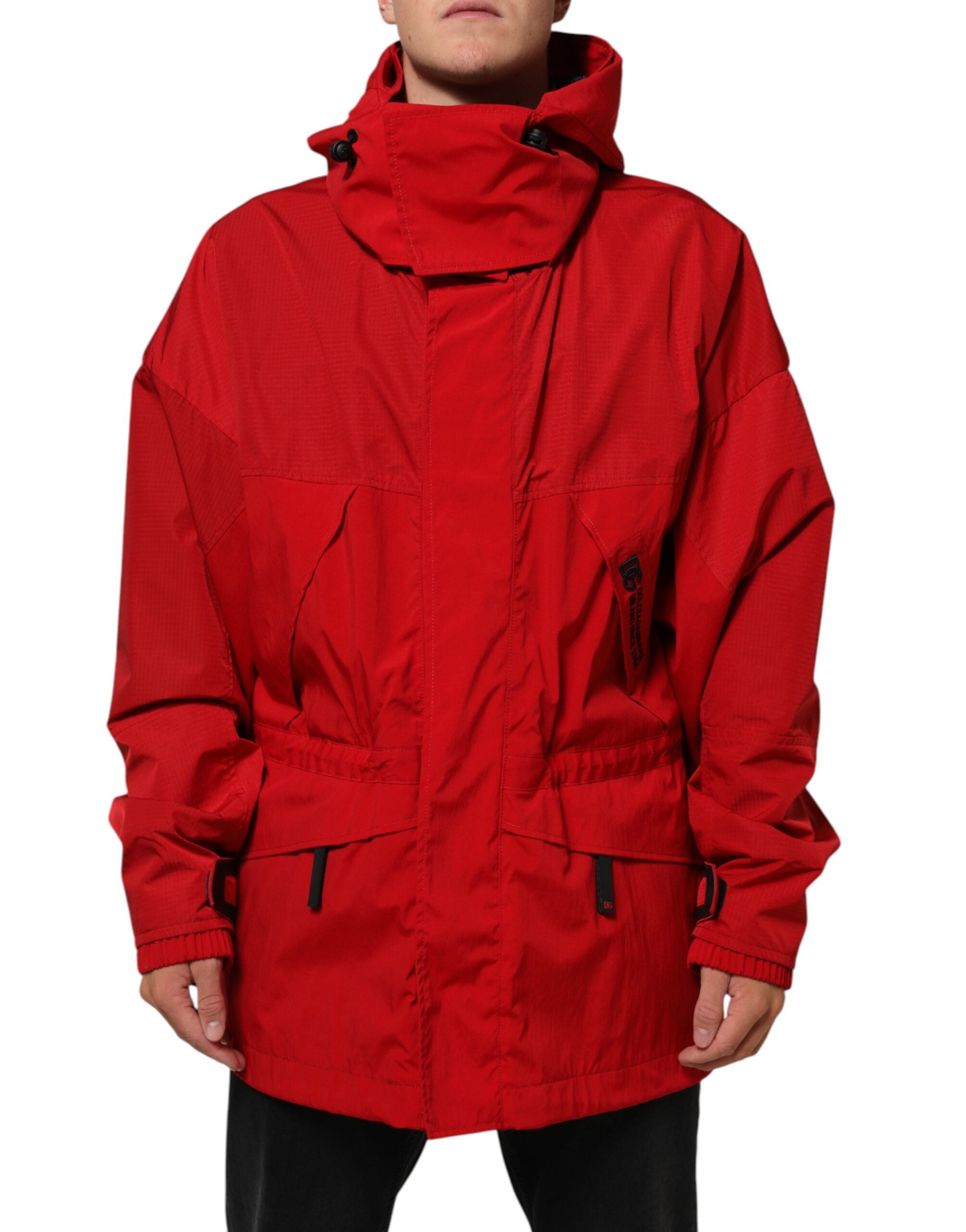 Dolce & Gabbana Red Nylon Hooded Men Full Zip Parka Jacket Dolce & Gabbana