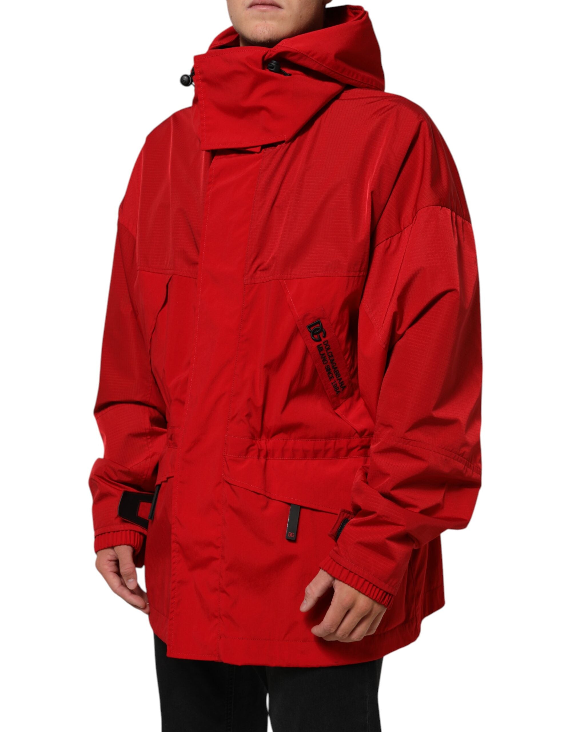 Dolce & Gabbana Red Nylon Hooded Men Full Zip Parka Jacket Dolce & Gabbana