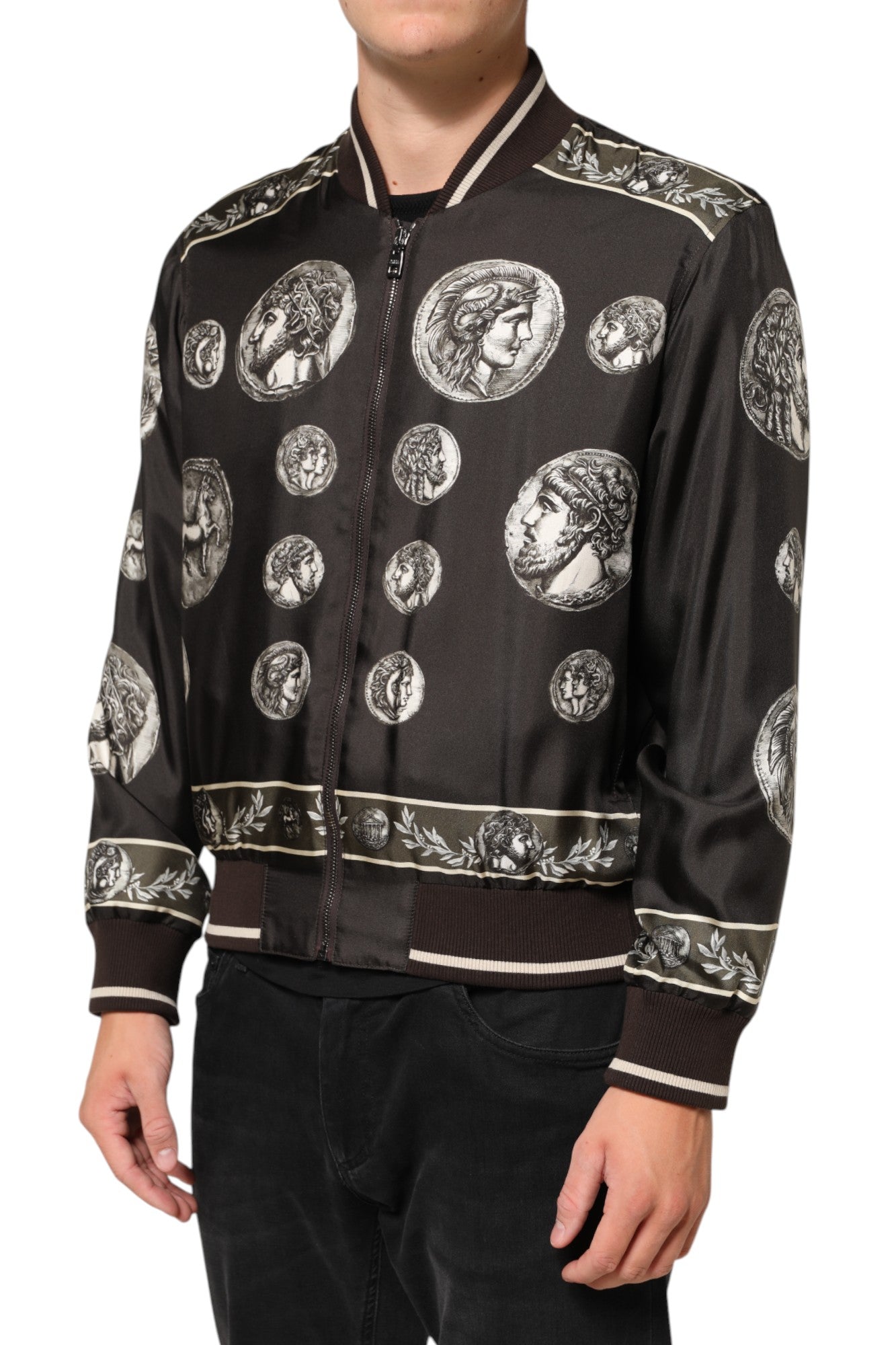 Dolce & Gabbana Black "Monete" Coin Print Silk Bomber Jacket Dolce & Gabbana