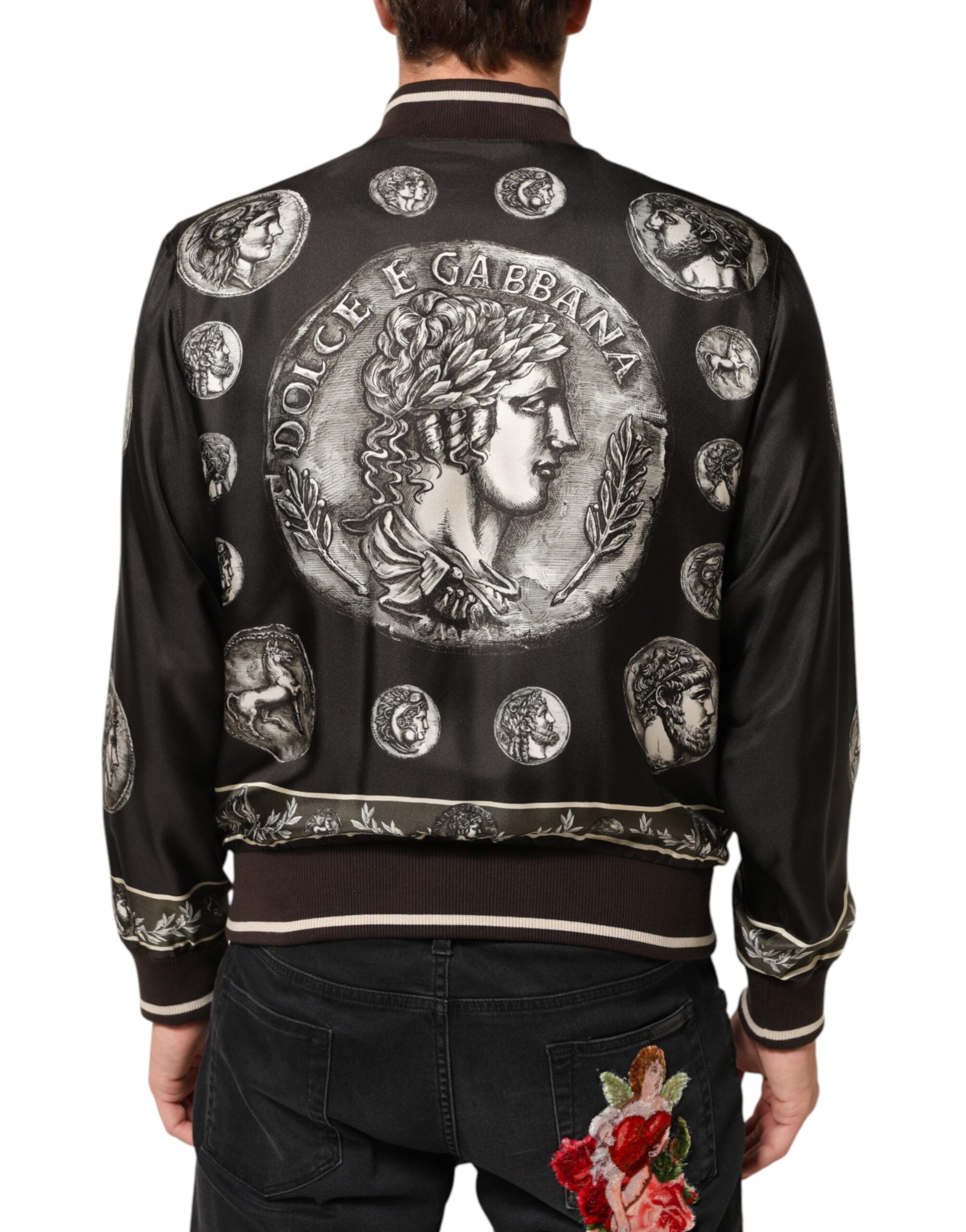 Dolce & Gabbana Black "Monete" Coin Print Silk Bomber Jacket Dolce & Gabbana