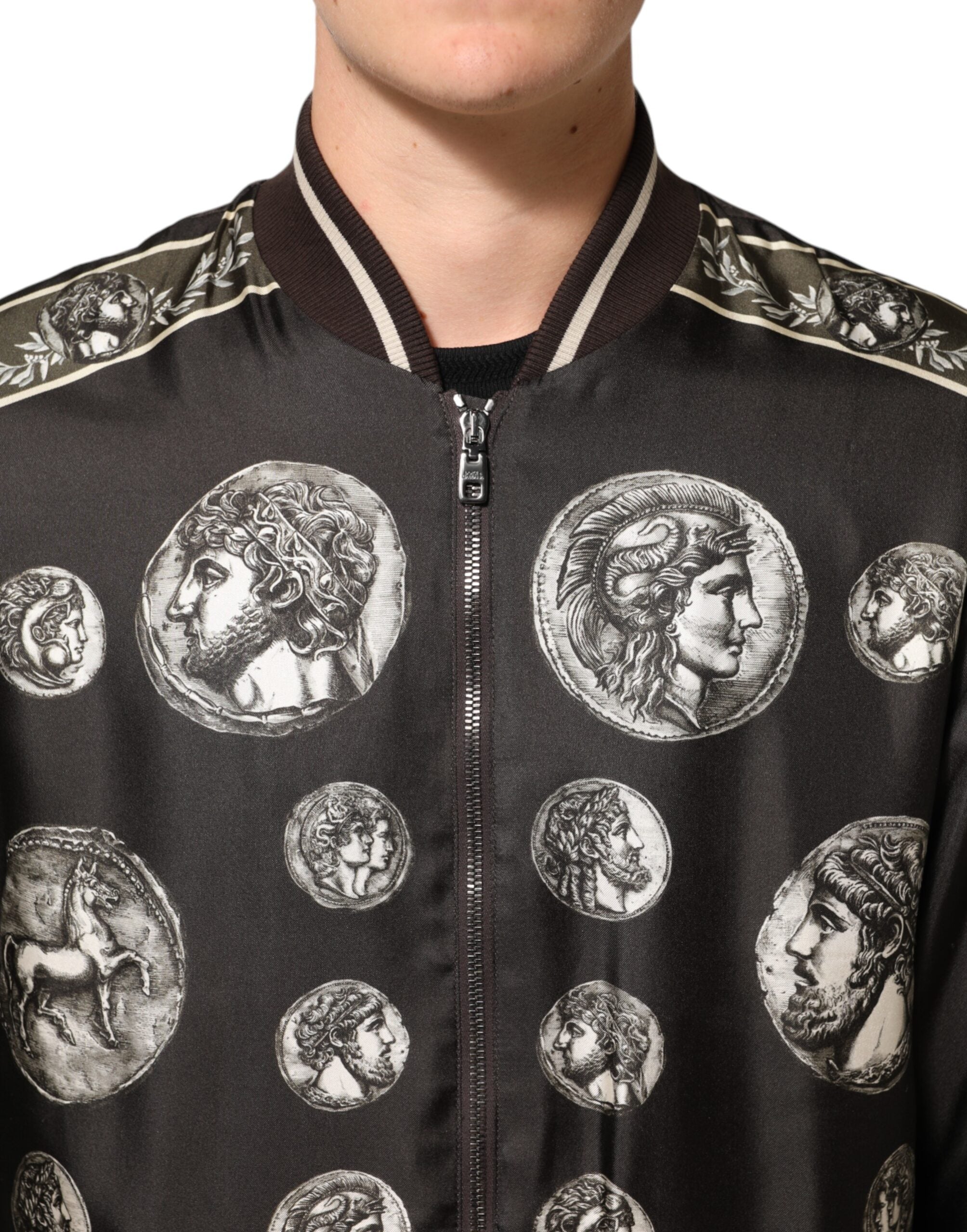 Dolce & Gabbana Black "Monete" Coin Print Silk Bomber Jacket Dolce & Gabbana