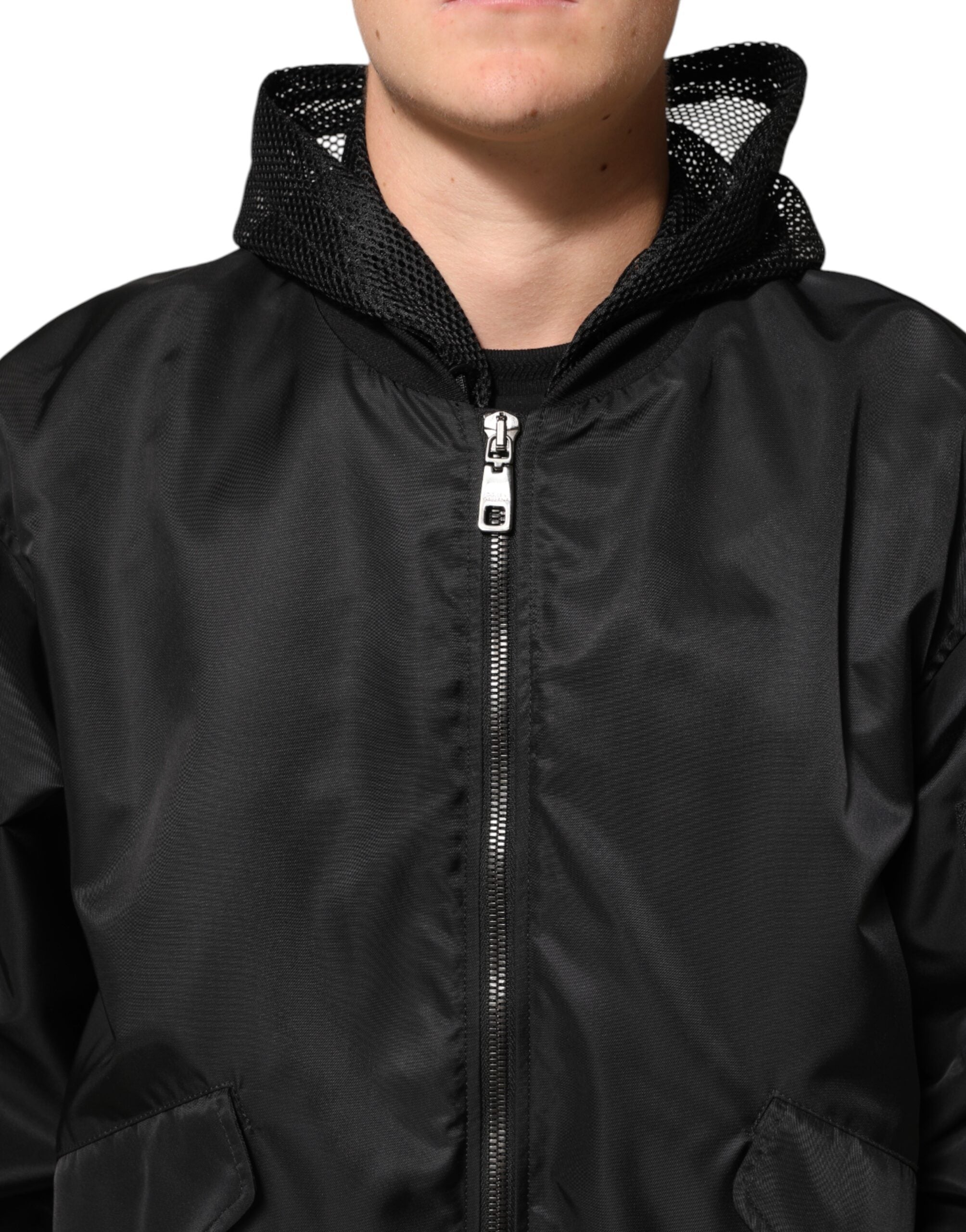 Dolce & Gabbana Black Nylon Hooded Full Zip Bomber Men Jacket Dolce & Gabbana