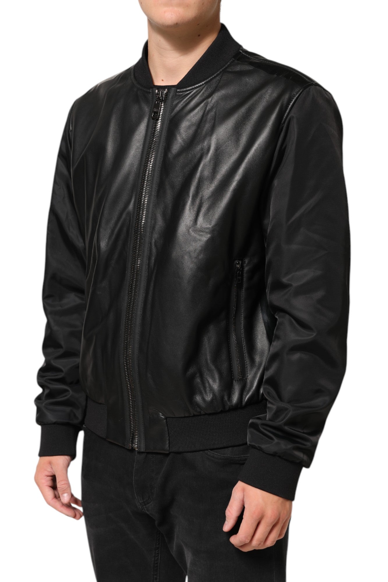Dolce & Gabbana Black Leather Nylon FullZip Blouson Jacket Dolce & Gabbana