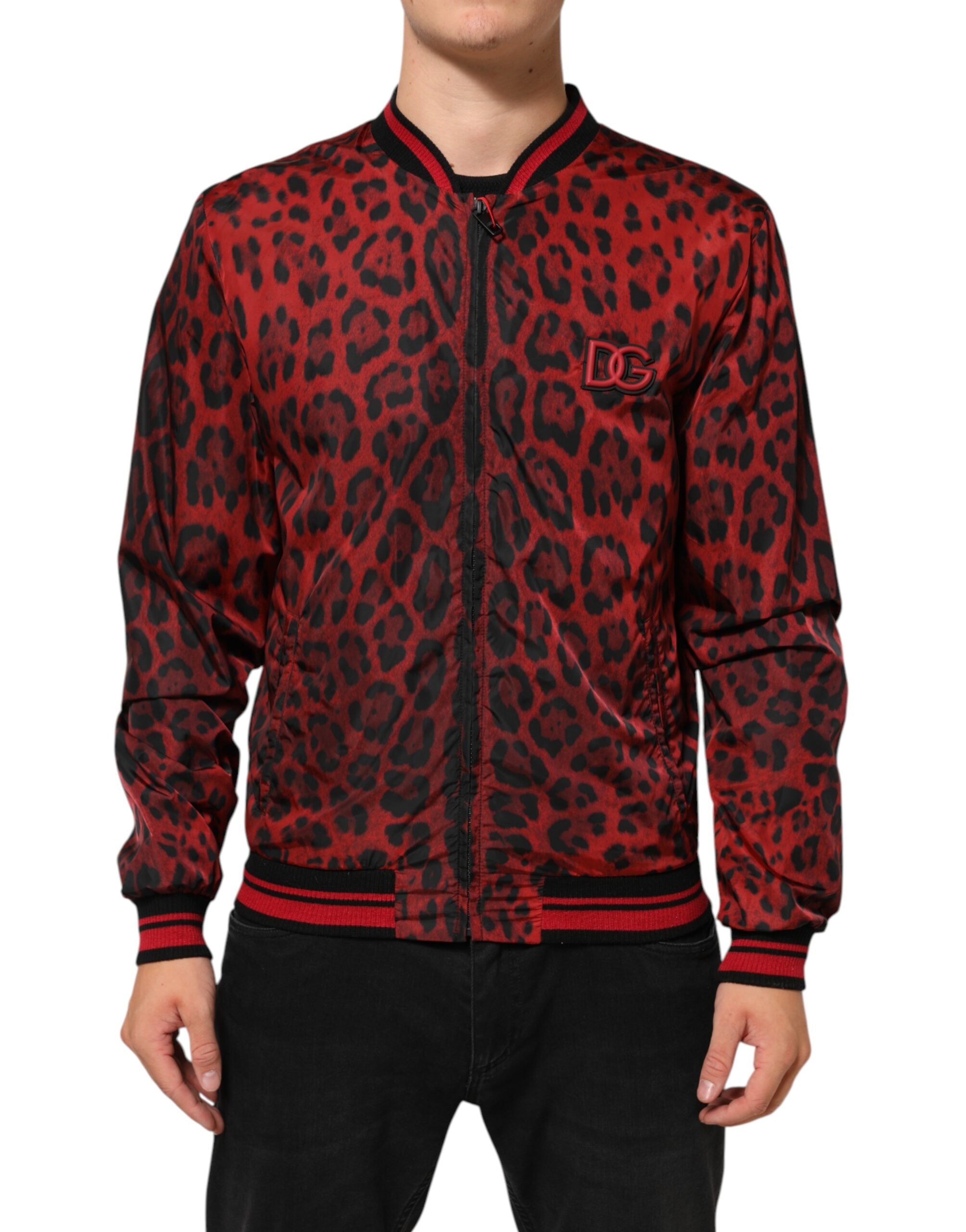 Dolce & Gabbana Red Leopard Print Full Zip Bomber Men Jacket Dolce & Gabbana