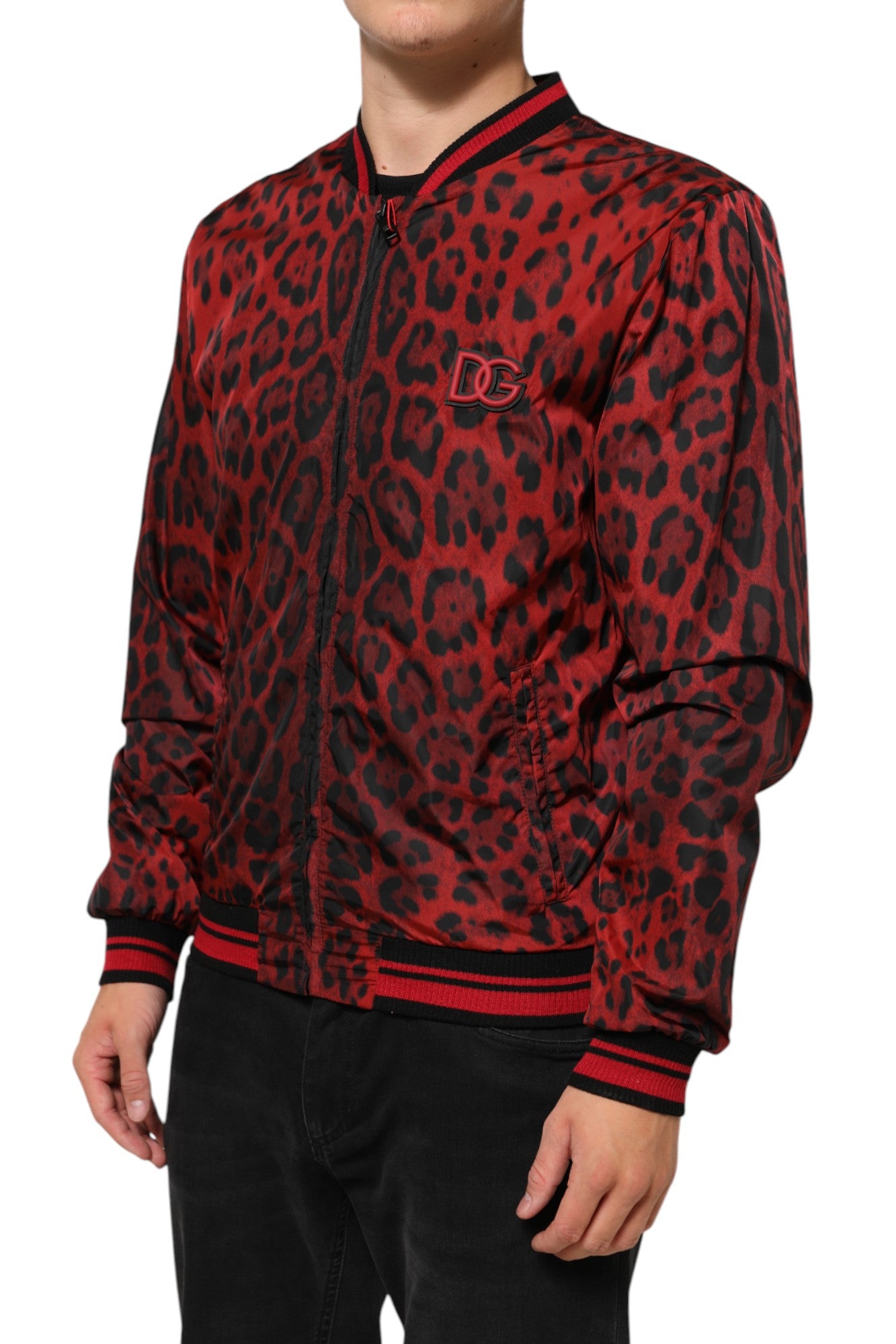 Dolce & Gabbana Red Leopard Print Full Zip Bomber Men Jacket Dolce & Gabbana