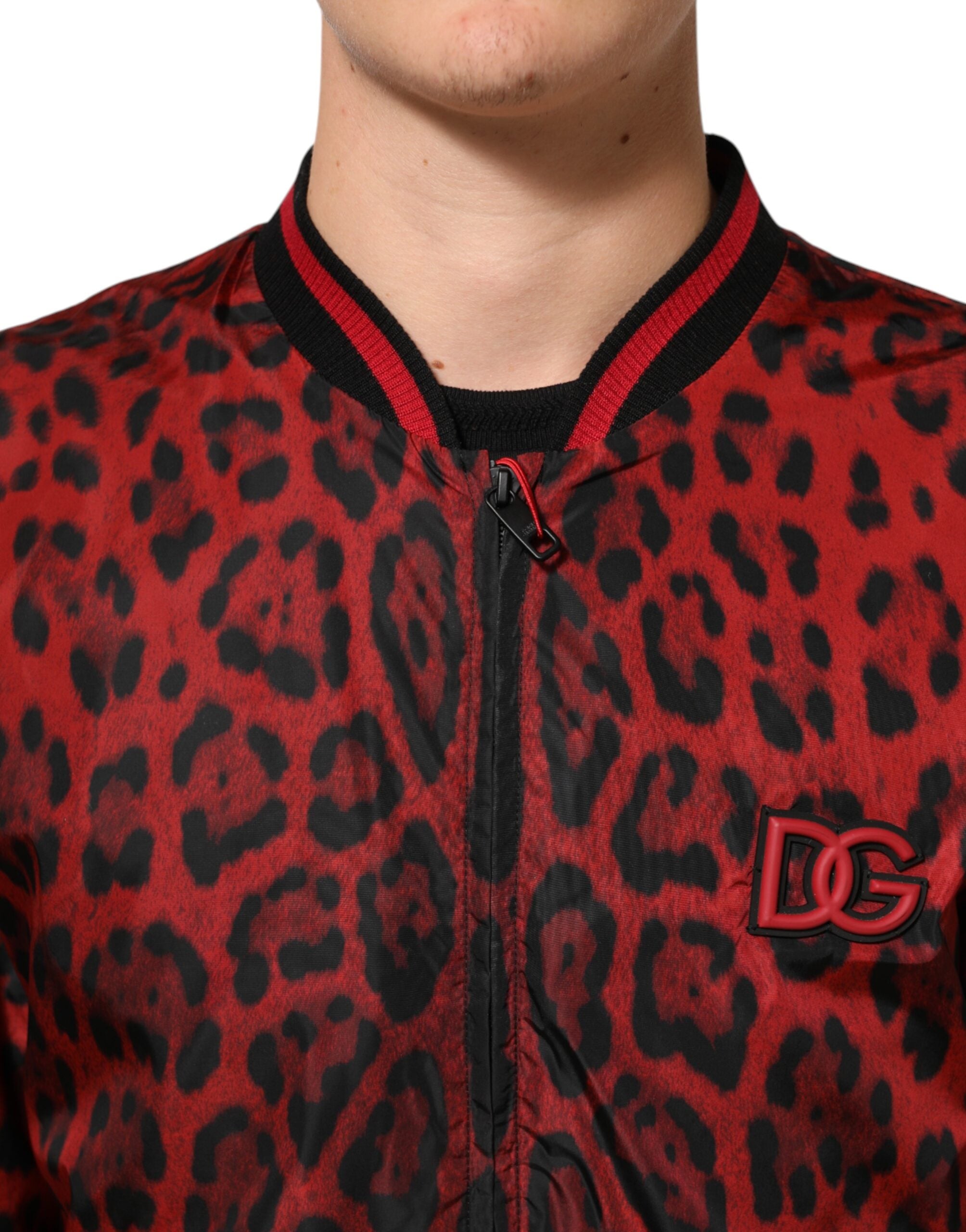 Dolce & Gabbana Red Leopard Print Full Zip Bomber Men Jacket Dolce & Gabbana