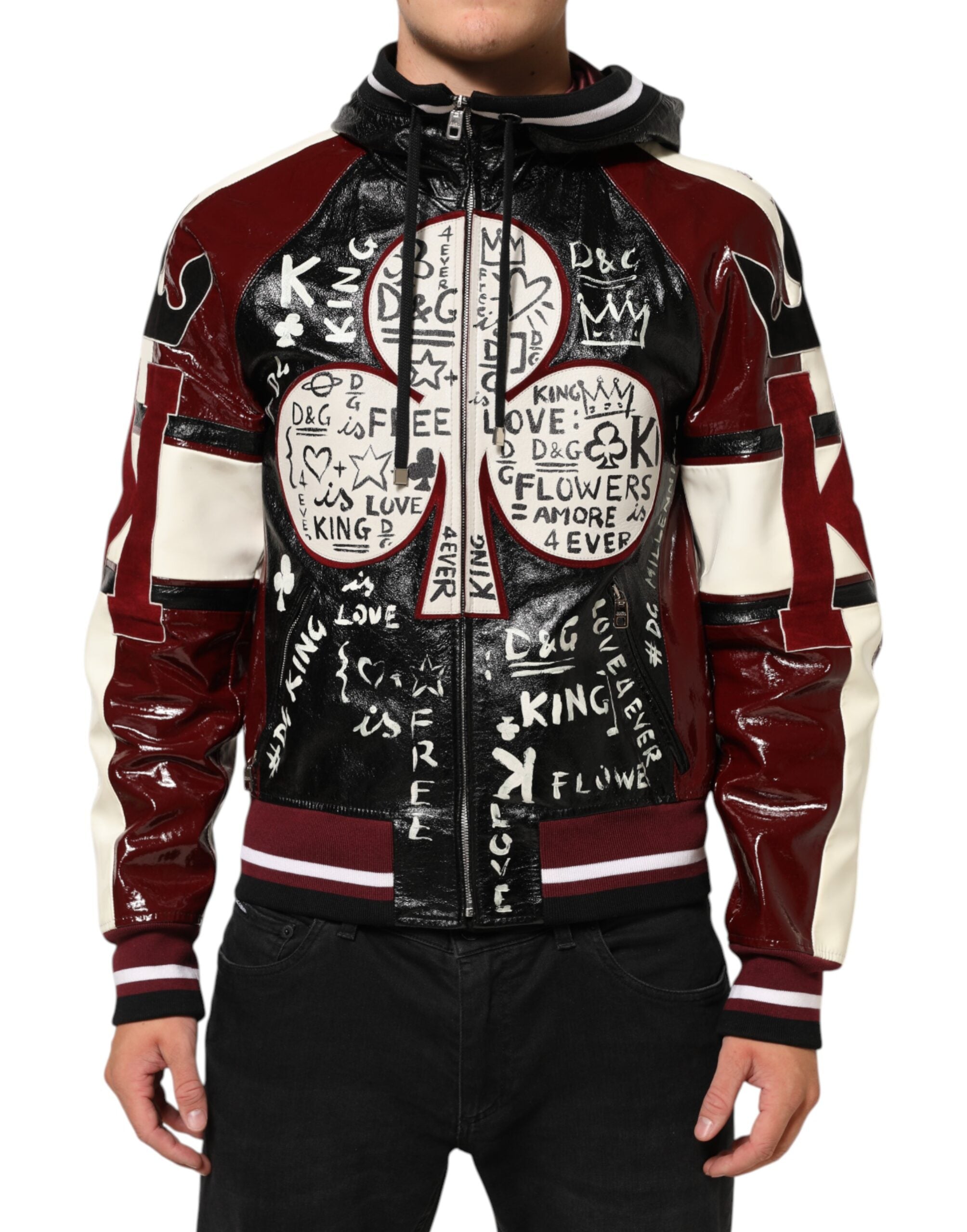 Dolce & Gabbana Multicolor Hooded Leather DG King Men Biker Jacket Dolce & Gabbana