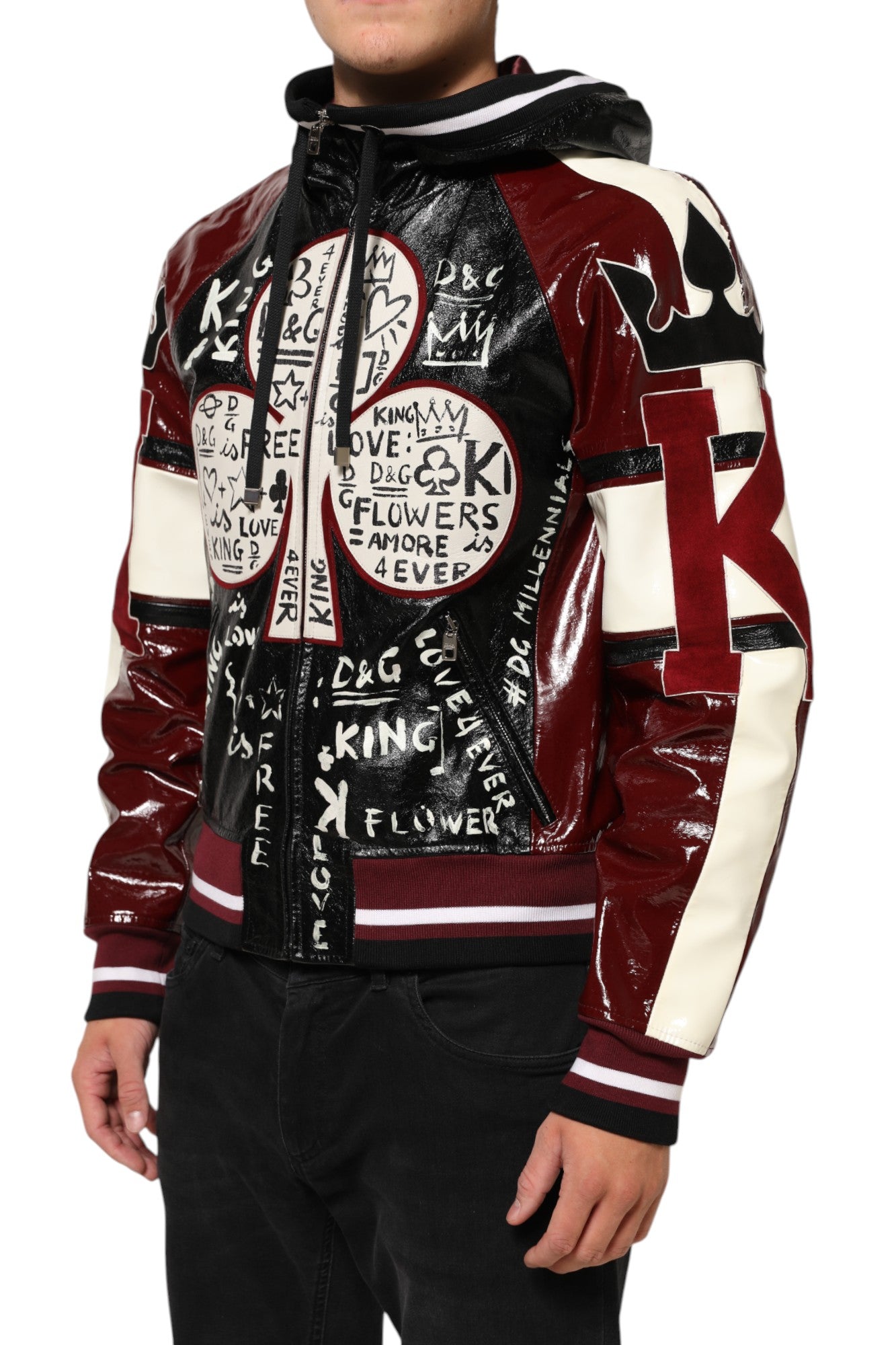 Dolce & Gabbana Multicolor Hooded Leather DG King Men Biker Jacket Dolce & Gabbana