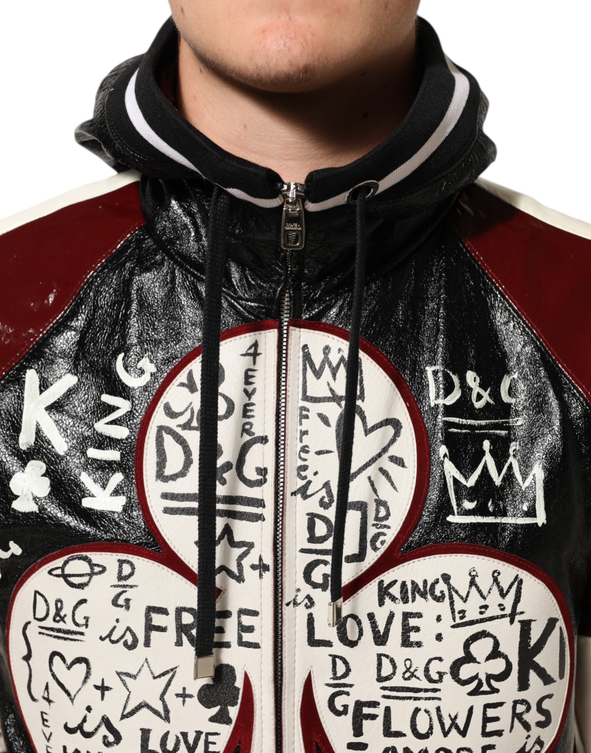 Dolce & Gabbana Multicolor Hooded Leather DG King Men Biker Jacket Dolce & Gabbana