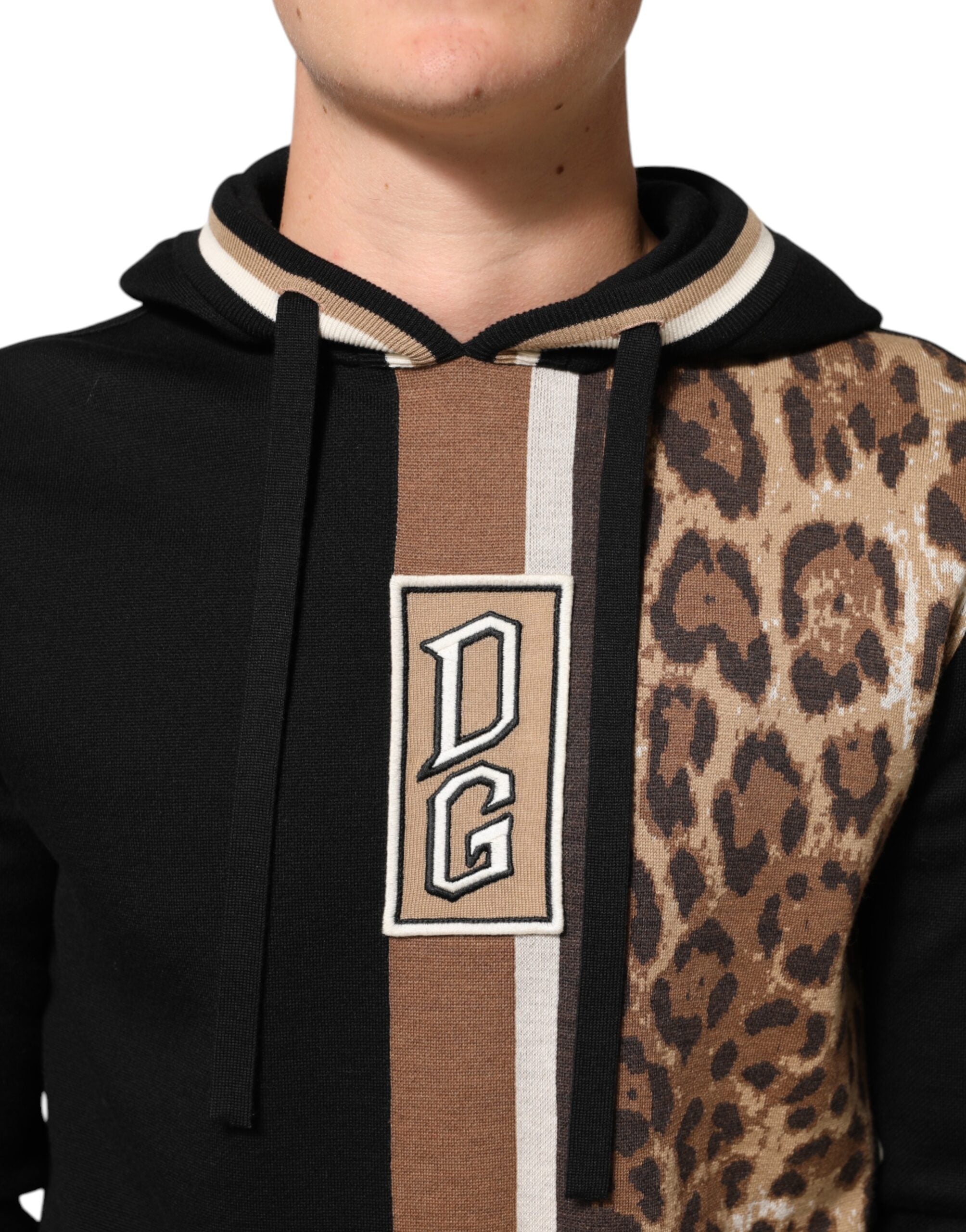 Dolce & Gabbana Black Leopard Logo Hooded Sweatshirt Sweater Dolce & Gabbana