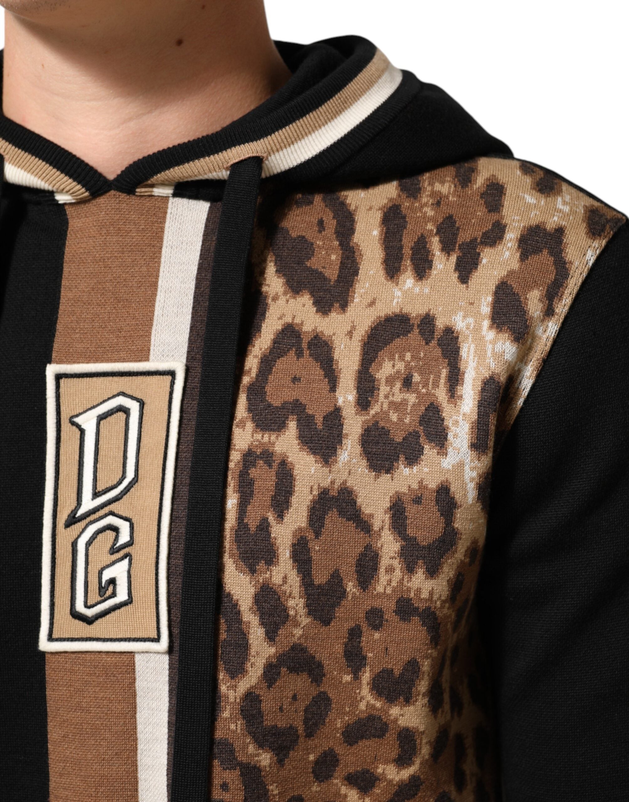 Dolce & Gabbana Black Leopard Logo Hooded Sweatshirt Sweater Dolce & Gabbana