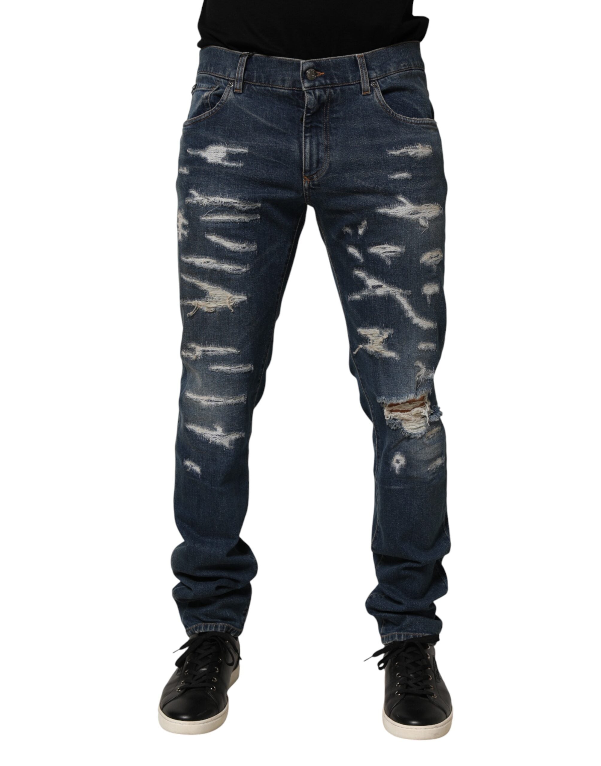 Dolce & Gabbana Blue Tattered Cotton Skinny Men Denim Jeans Dolce & Gabbana