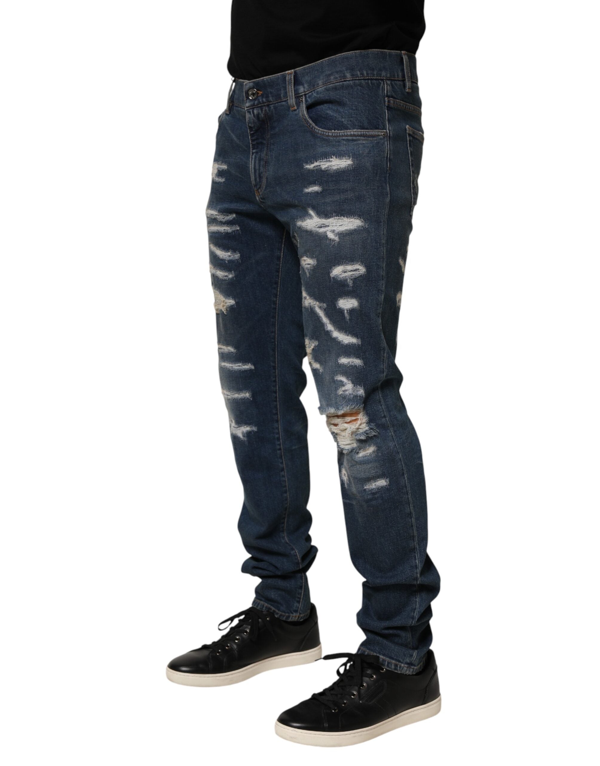 Dolce & Gabbana Blue Tattered Cotton Skinny Men Denim Jeans Dolce & Gabbana