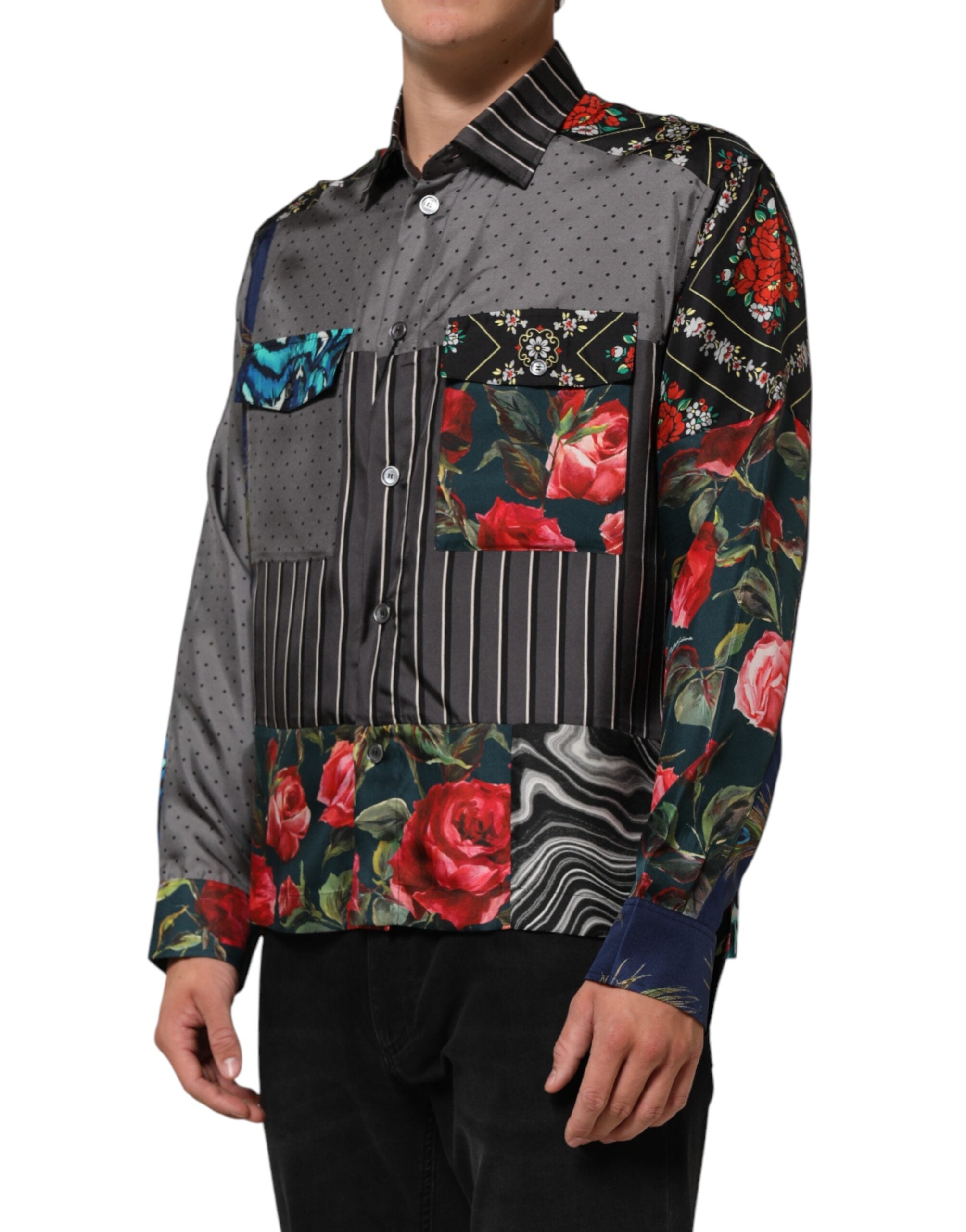 Dolce & Gabbana Multicolor Patchwork Long Sleeves Silk Shirt Dolce & Gabbana