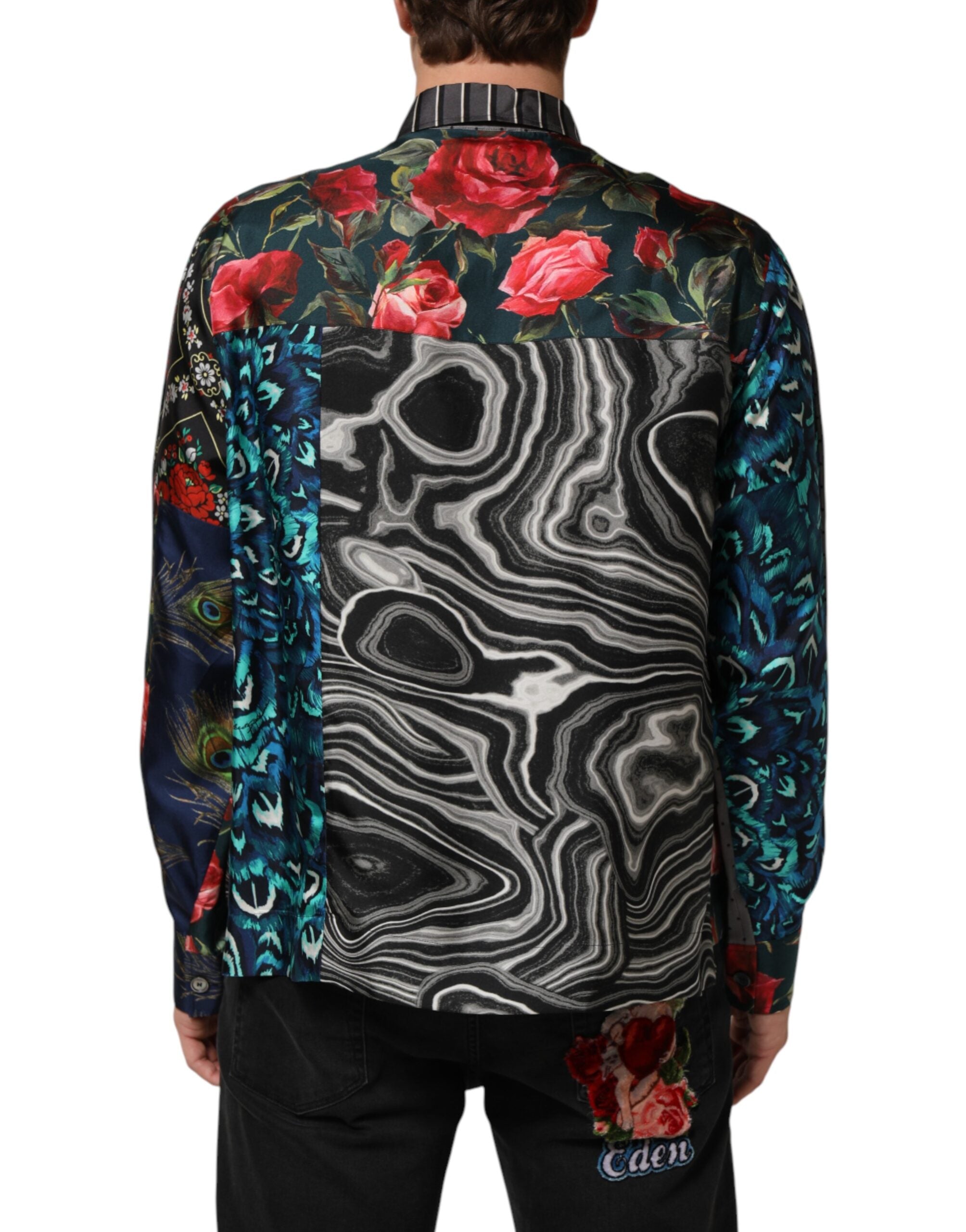Dolce & Gabbana Multicolor Patchwork Long Sleeves Silk Shirt Dolce & Gabbana