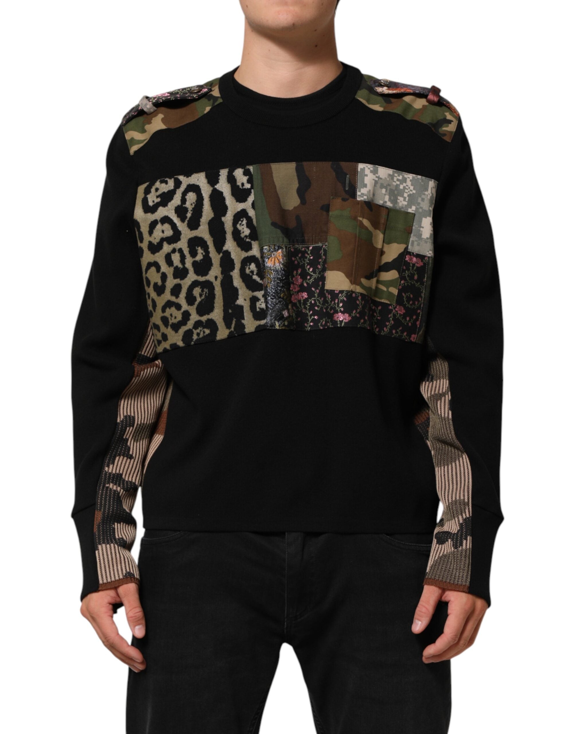 Dolce & Gabbana Black Patchwork Crew Neck Pullover Sweater Dolce & Gabbana