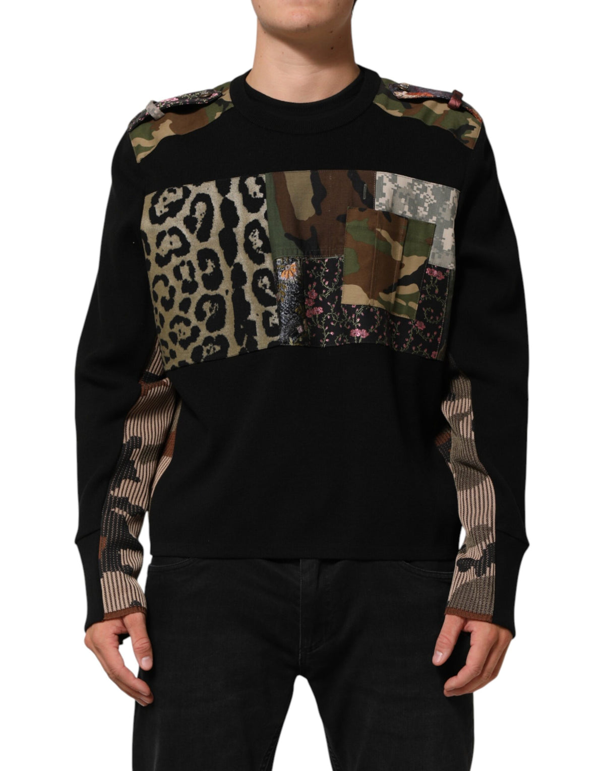 Dolce & Gabbana Black Patchwork Crew Neck Pullover Sweater