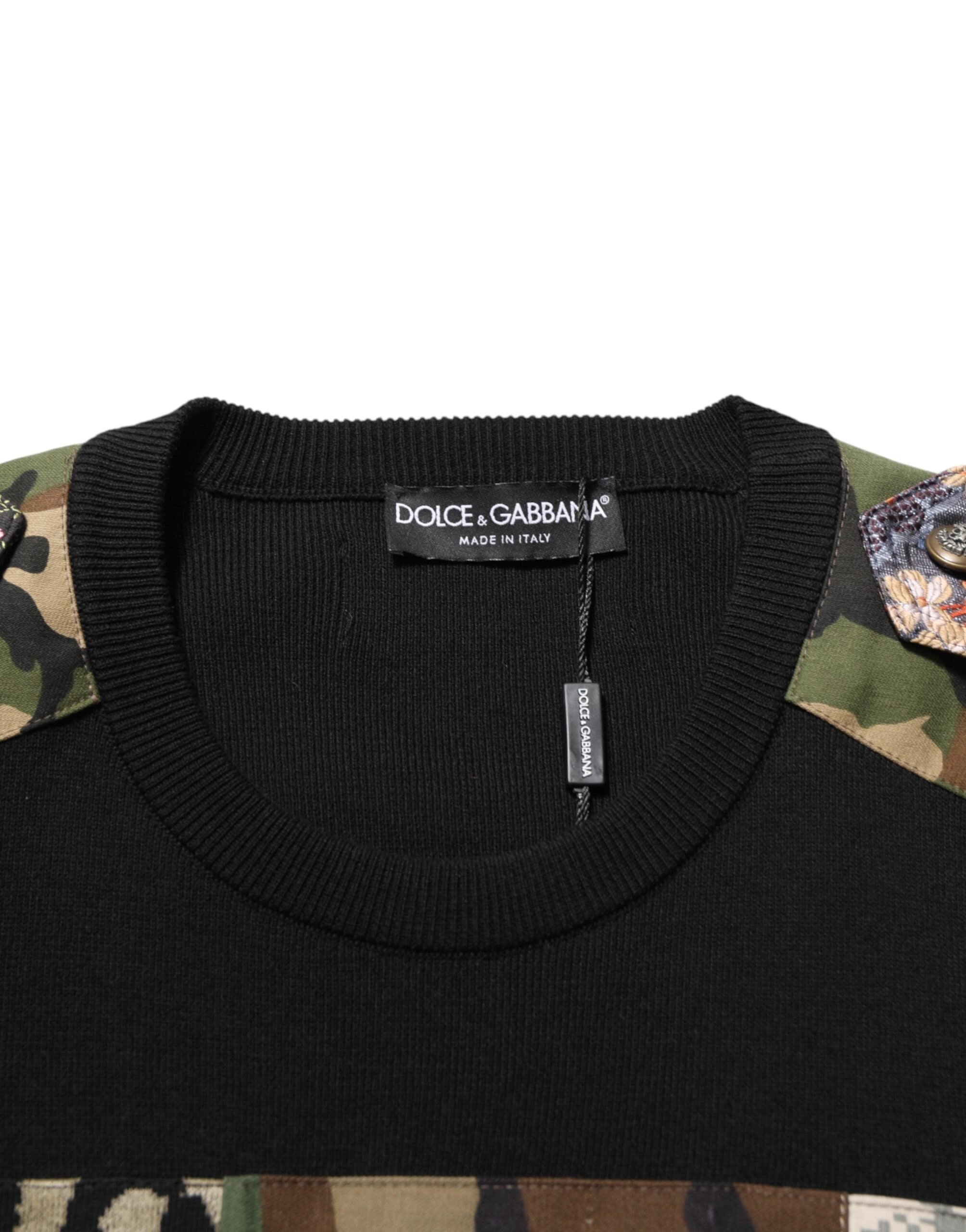 Dolce & Gabbana Black Patchwork Crew Neck Pullover Sweater Dolce & Gabbana