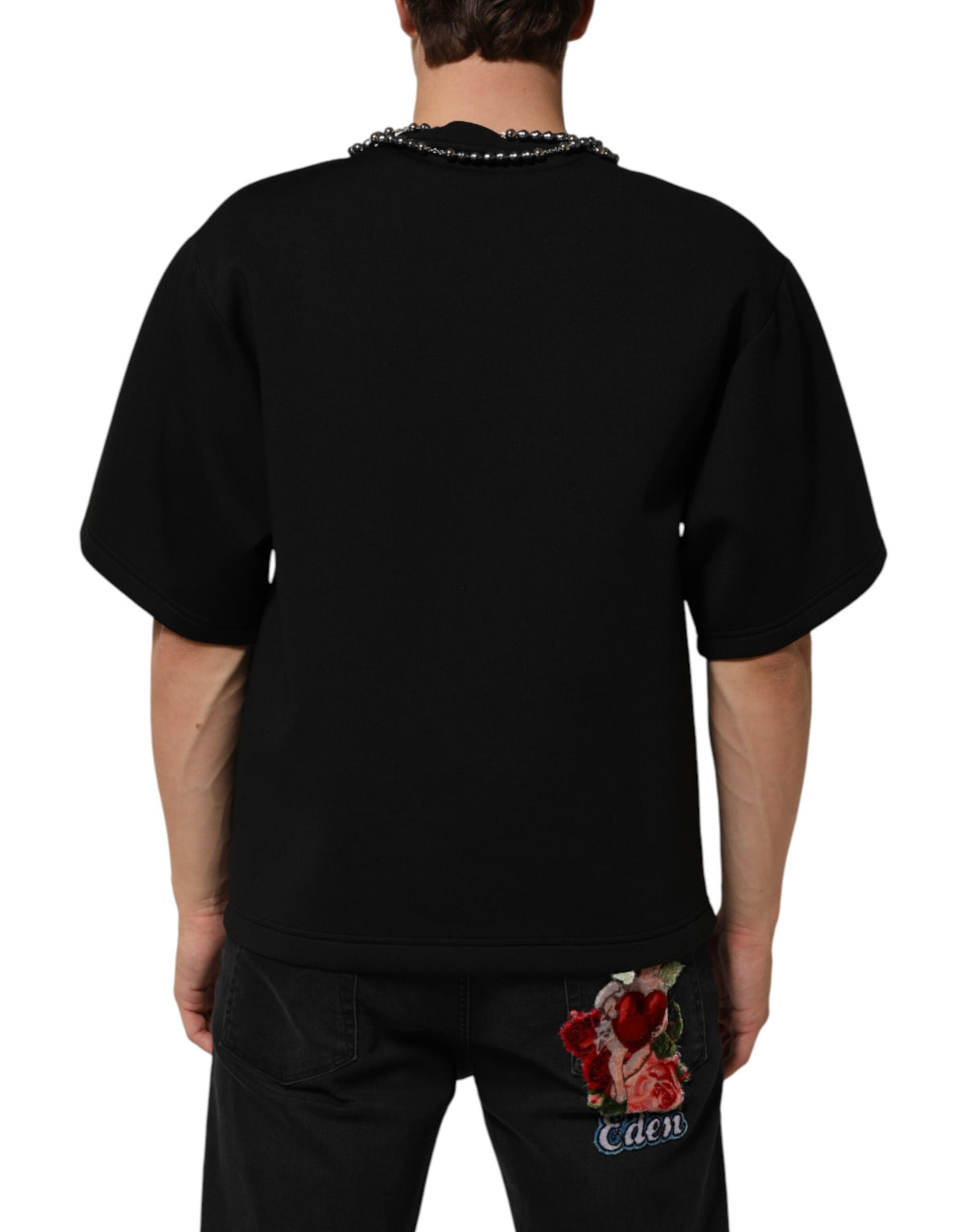Dolce & Gabbana Black Polyester Necklace Embellished T-shirt