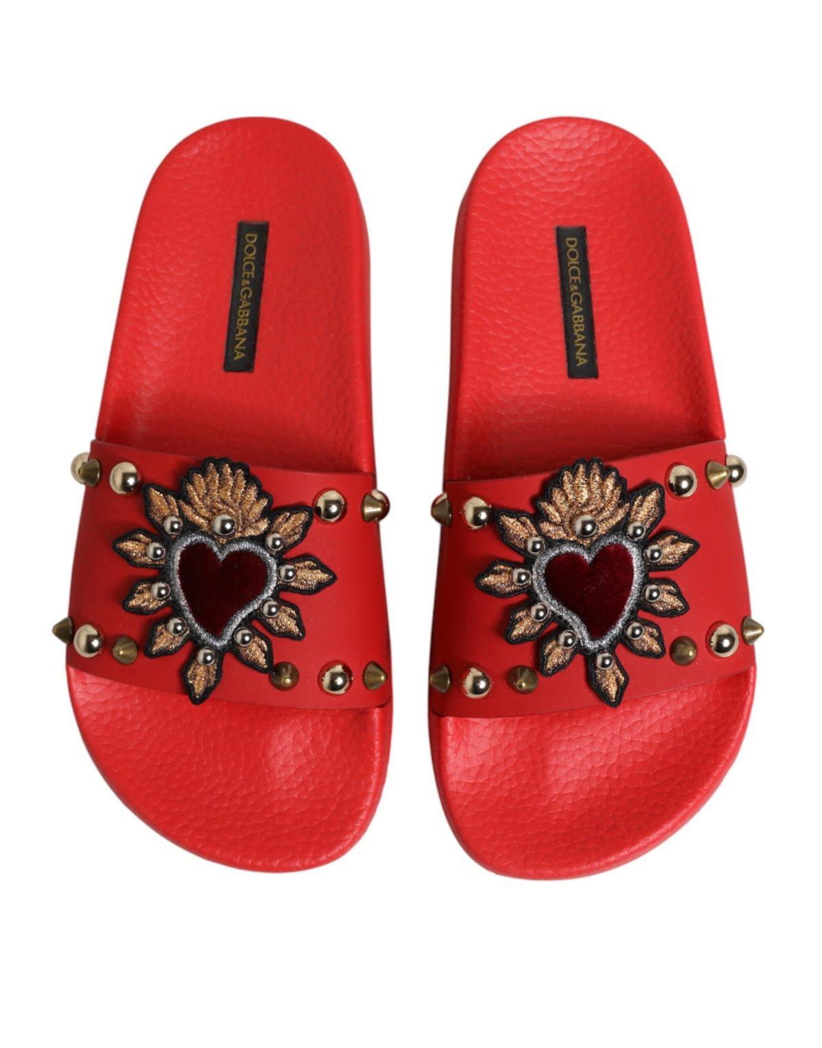 Dolce & Gabbana Red Sacred Heart Stud Slides Beachwear Shoes