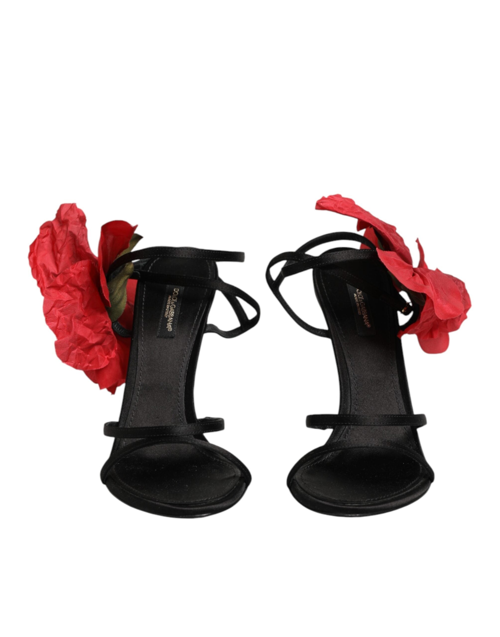 Dolce & Gabbana Black Leather Strappy Flower Heels Sandals  Shoes Dolce & Gabbana