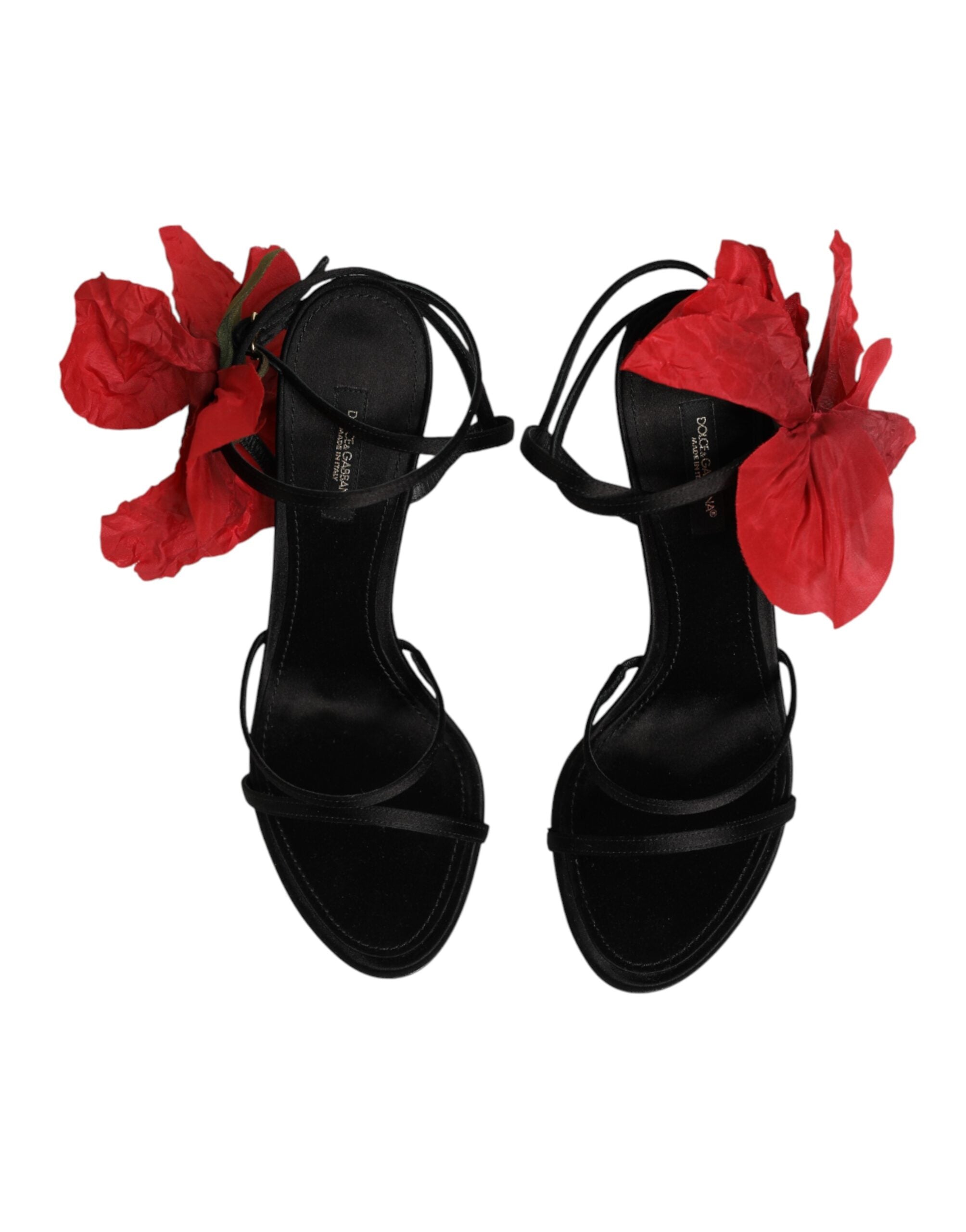 Dolce & Gabbana Black Leather Strappy Flower Heels Sandals  Shoes Dolce & Gabbana