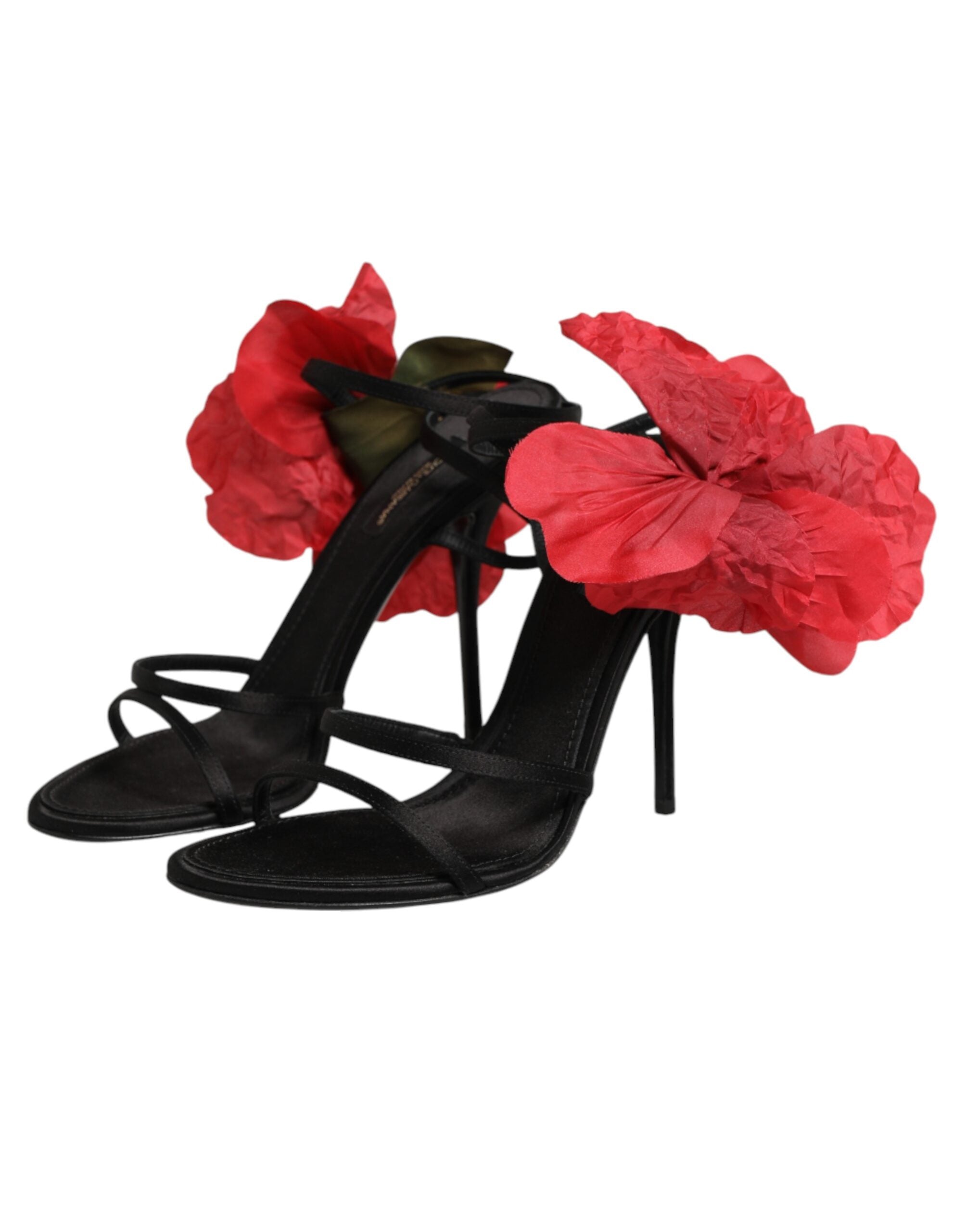 Dolce & Gabbana Black Leather Strappy Flower Heels Sandals  Shoes Dolce & Gabbana