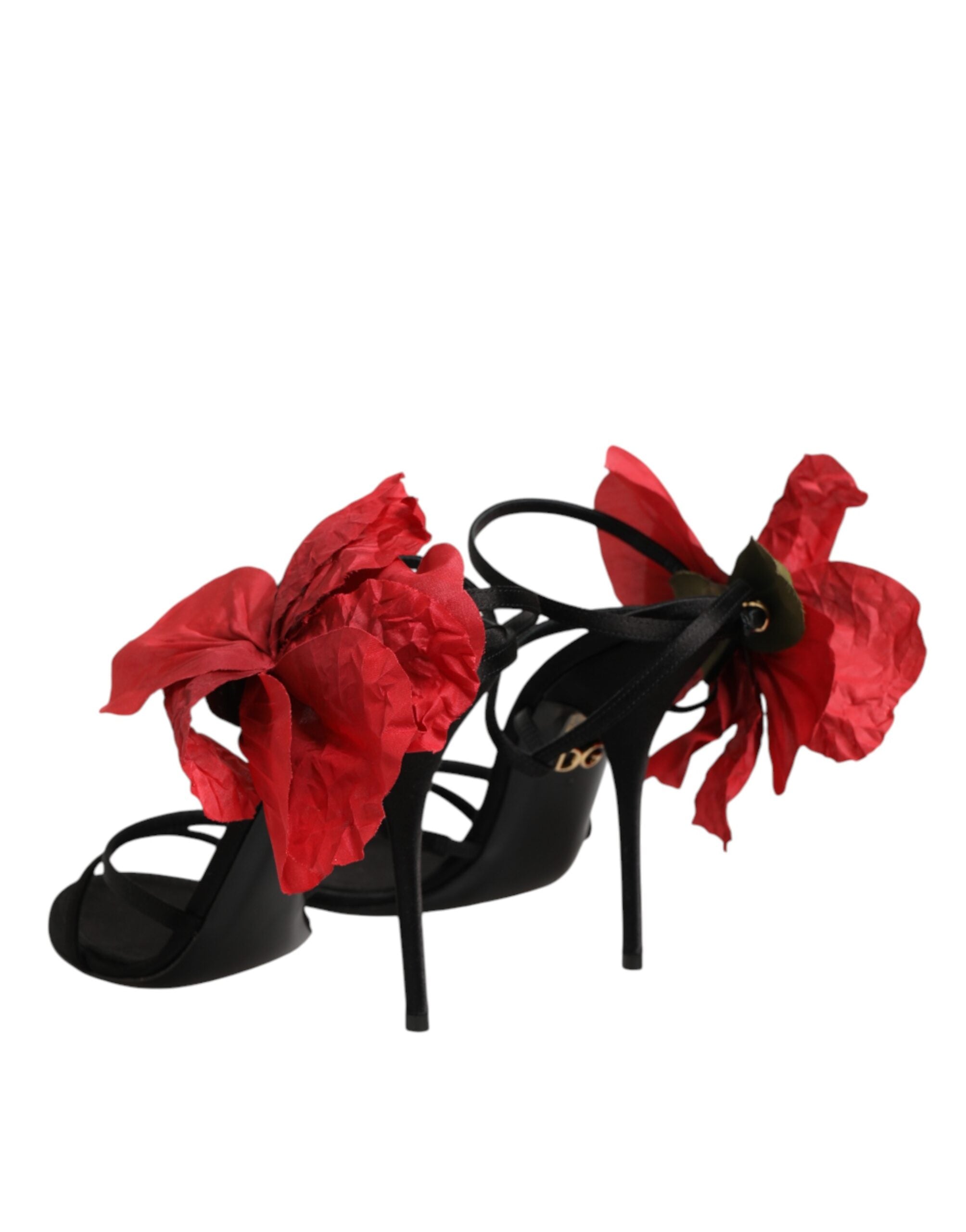 Dolce & Gabbana Black Leather Strappy Flower Heels Sandals  Shoes Dolce & Gabbana