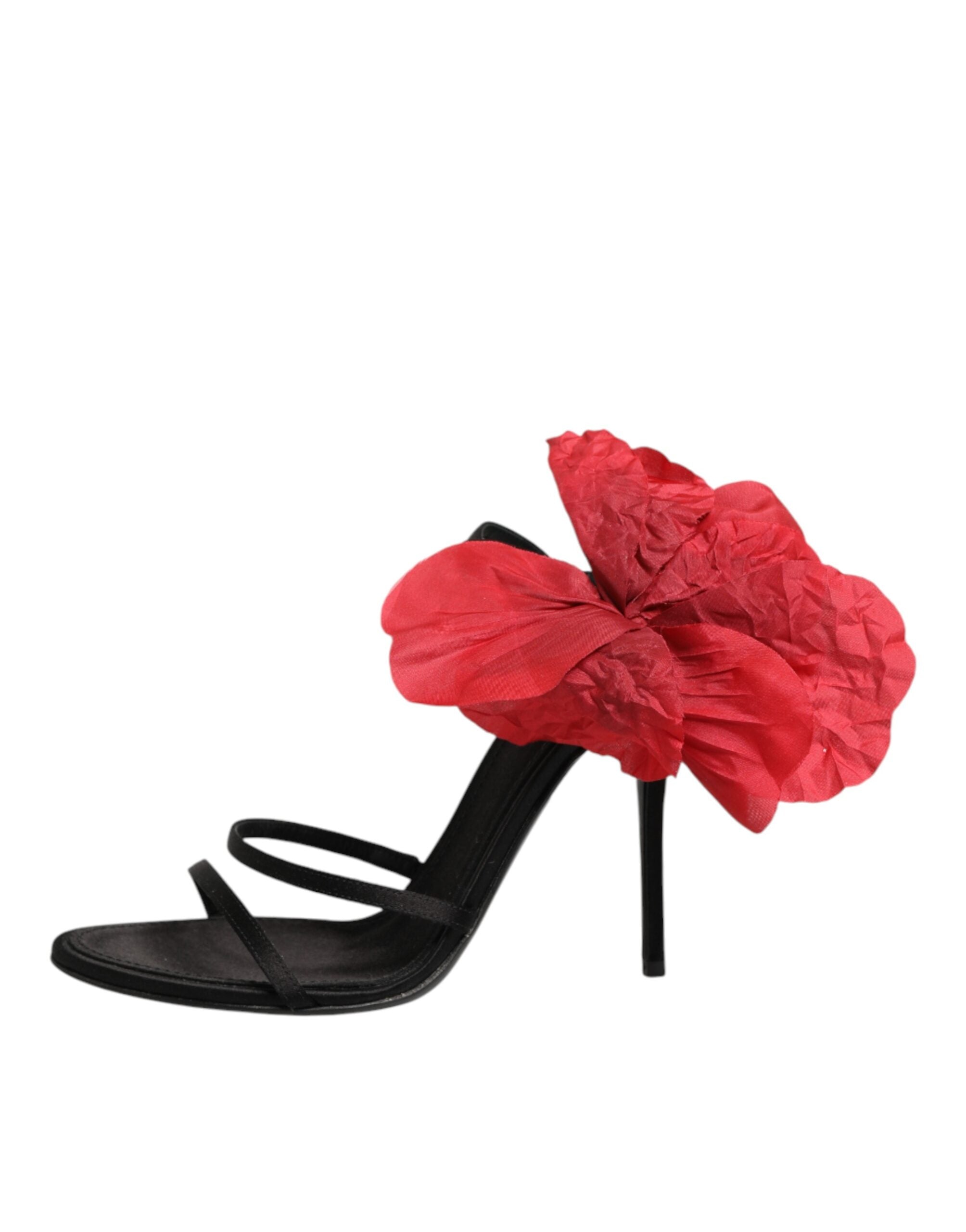 Dolce & Gabbana Black Leather Strappy Flower Heels Sandals  Shoes Dolce & Gabbana