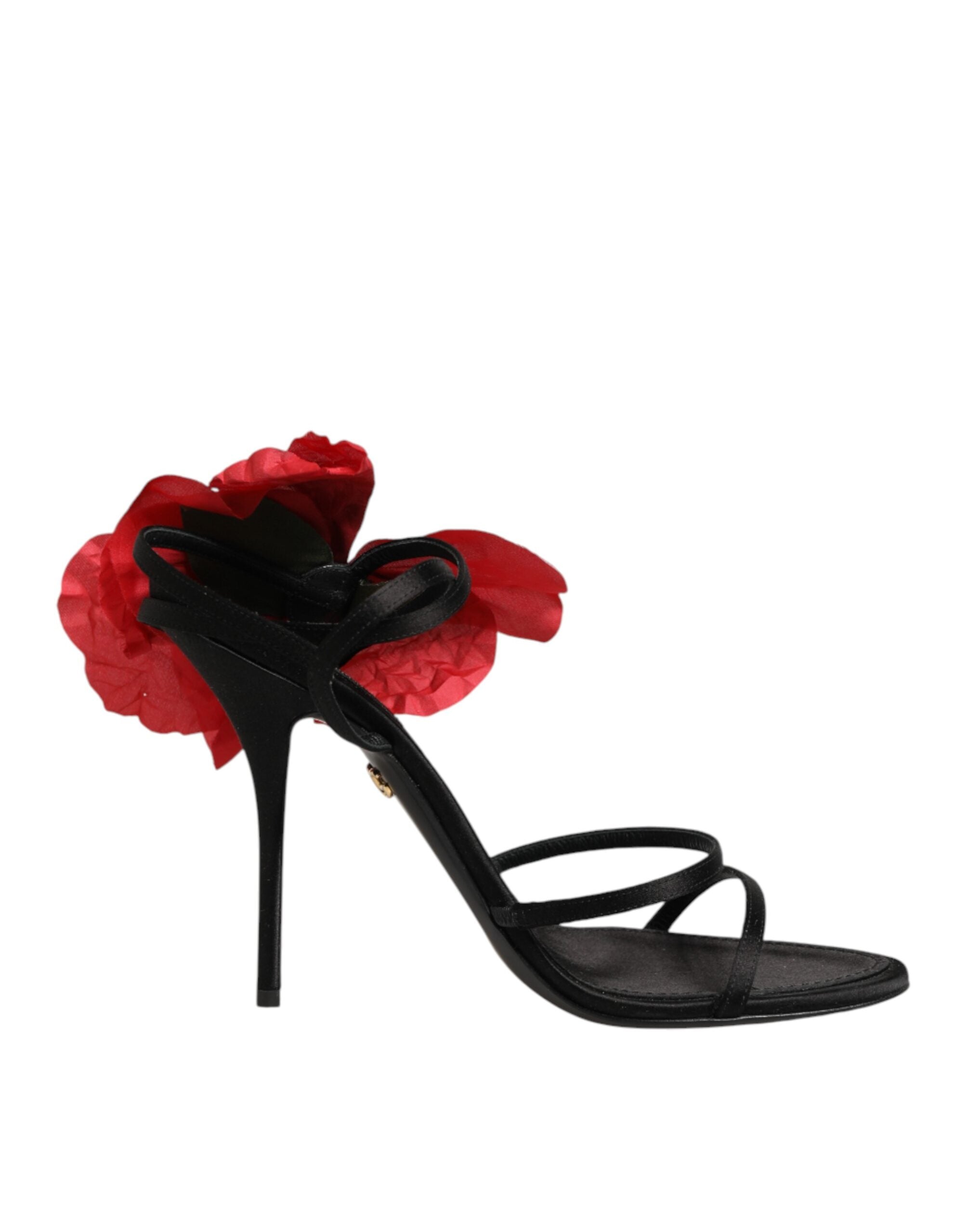 Dolce & Gabbana Black Leather Strappy Flower Heels Sandals  Shoes Dolce & Gabbana