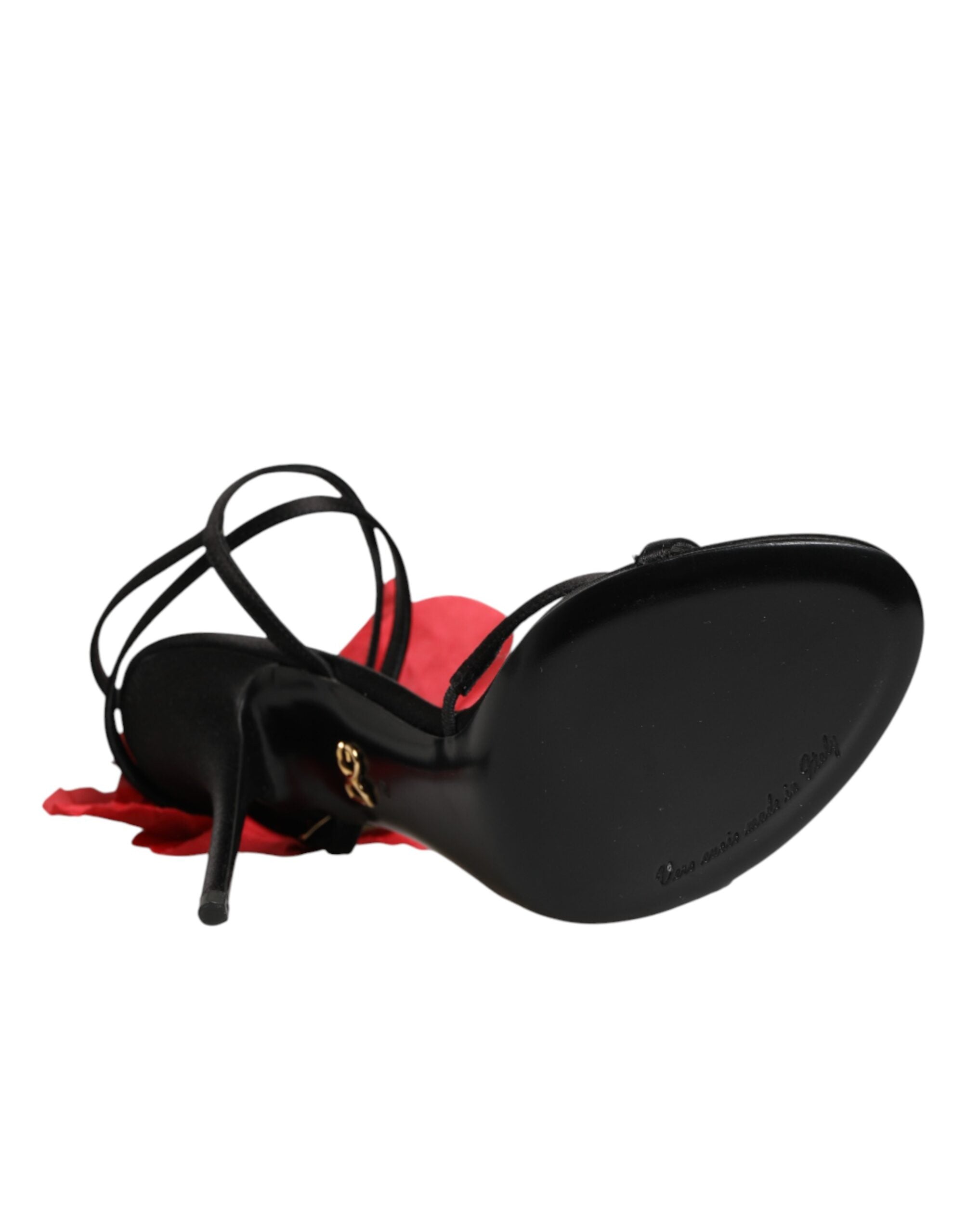Dolce & Gabbana Black Leather Strappy Flower Heels Sandals  Shoes Dolce & Gabbana