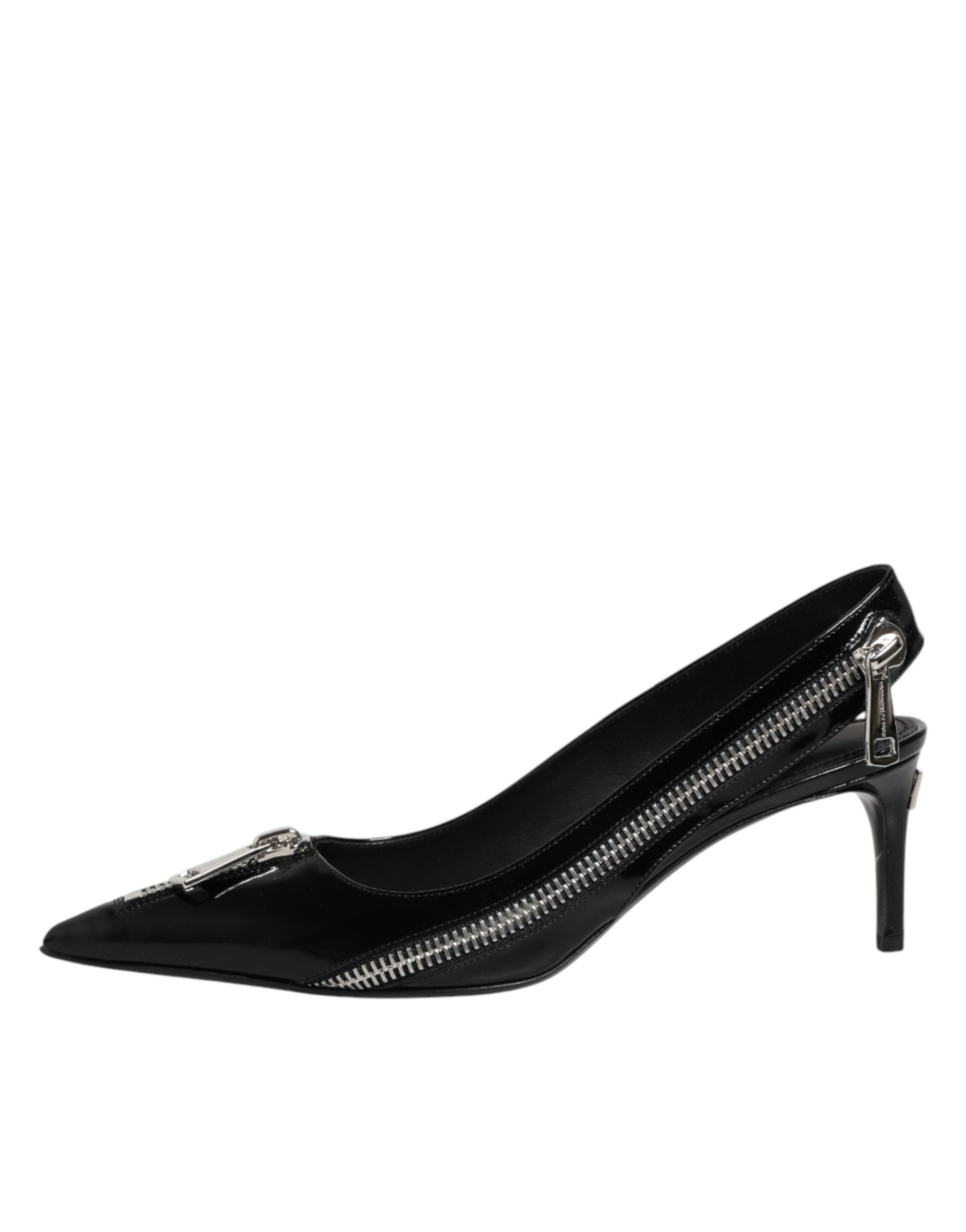 Dolce & Gabbana Black Zipper Leather Heels Slingbacks Shoes Dolce & Gabbana