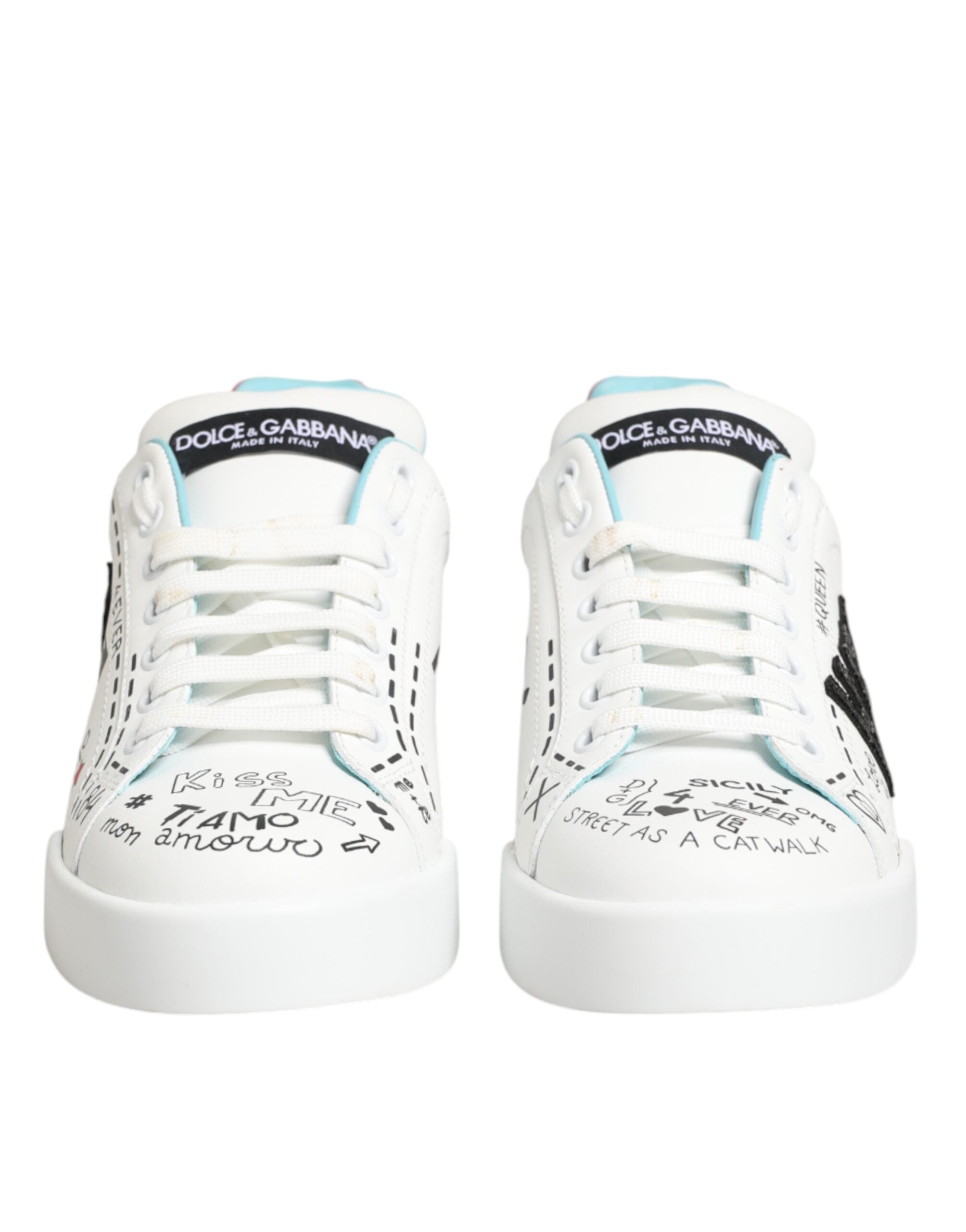 Dolce & Gabbana White Leather Graffiti Low Top Sneakers Shoes Dolce & Gabbana