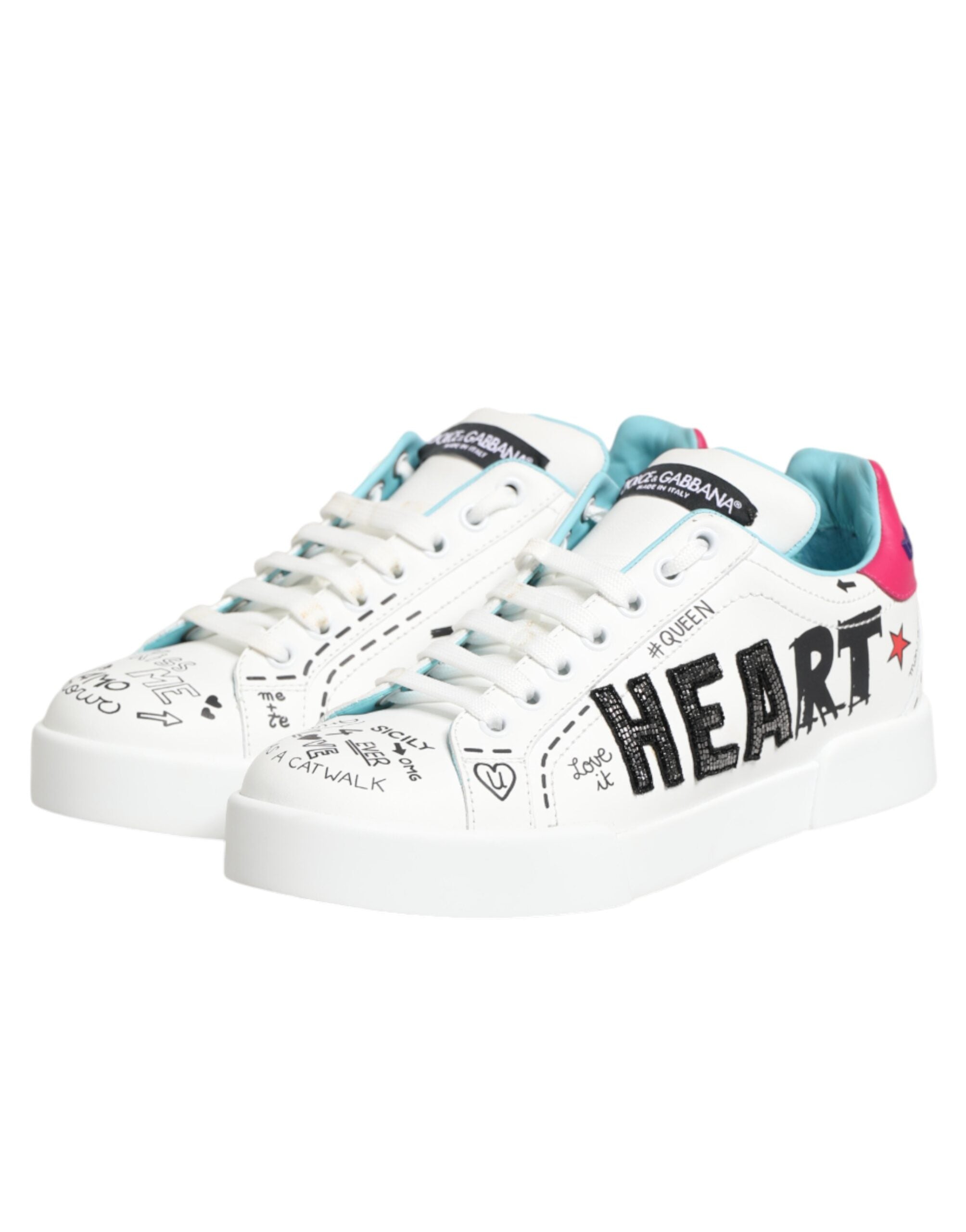 Dolce & Gabbana White Leather Graffiti Low Top Sneakers Shoes Dolce & Gabbana